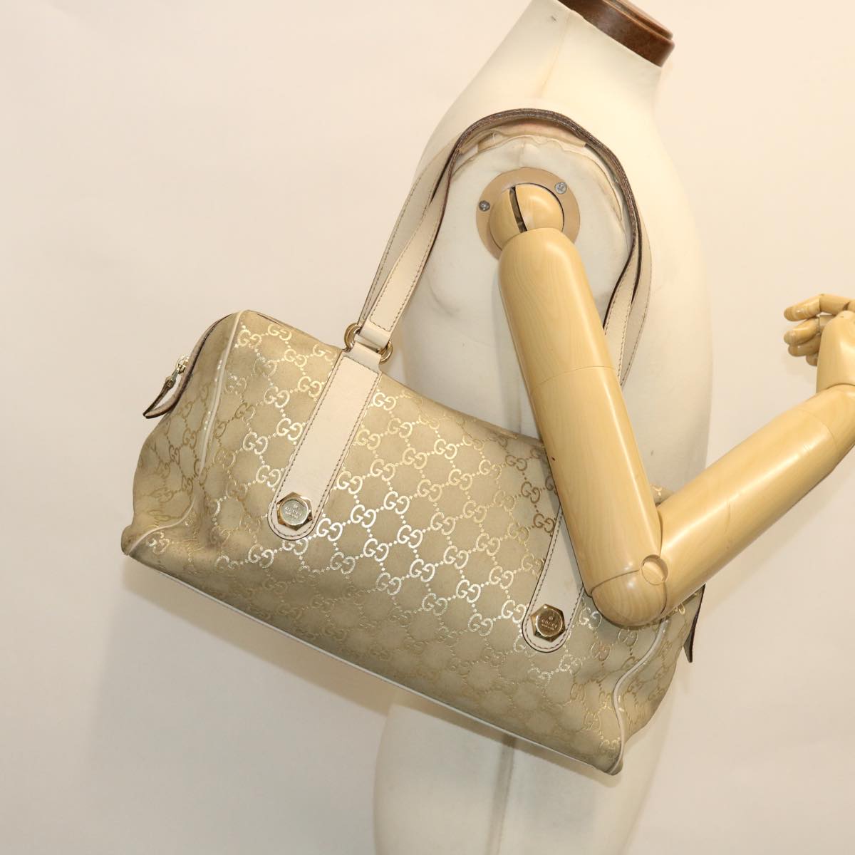 GUCCI GG Canvas Hand Bag Suede Beige Gold 154180 214397 51008