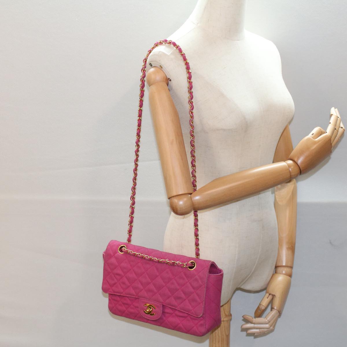 CHANEL Matelasse 25 Chain Flap Shoulder Bag Canvas Pink CC 51276A
