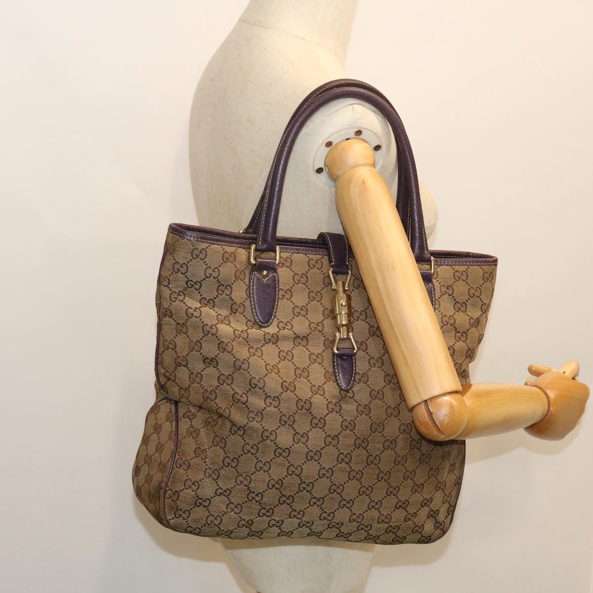 GUCCI GG Canvas Jackie Hand Bag Beige Purple 145818 51644