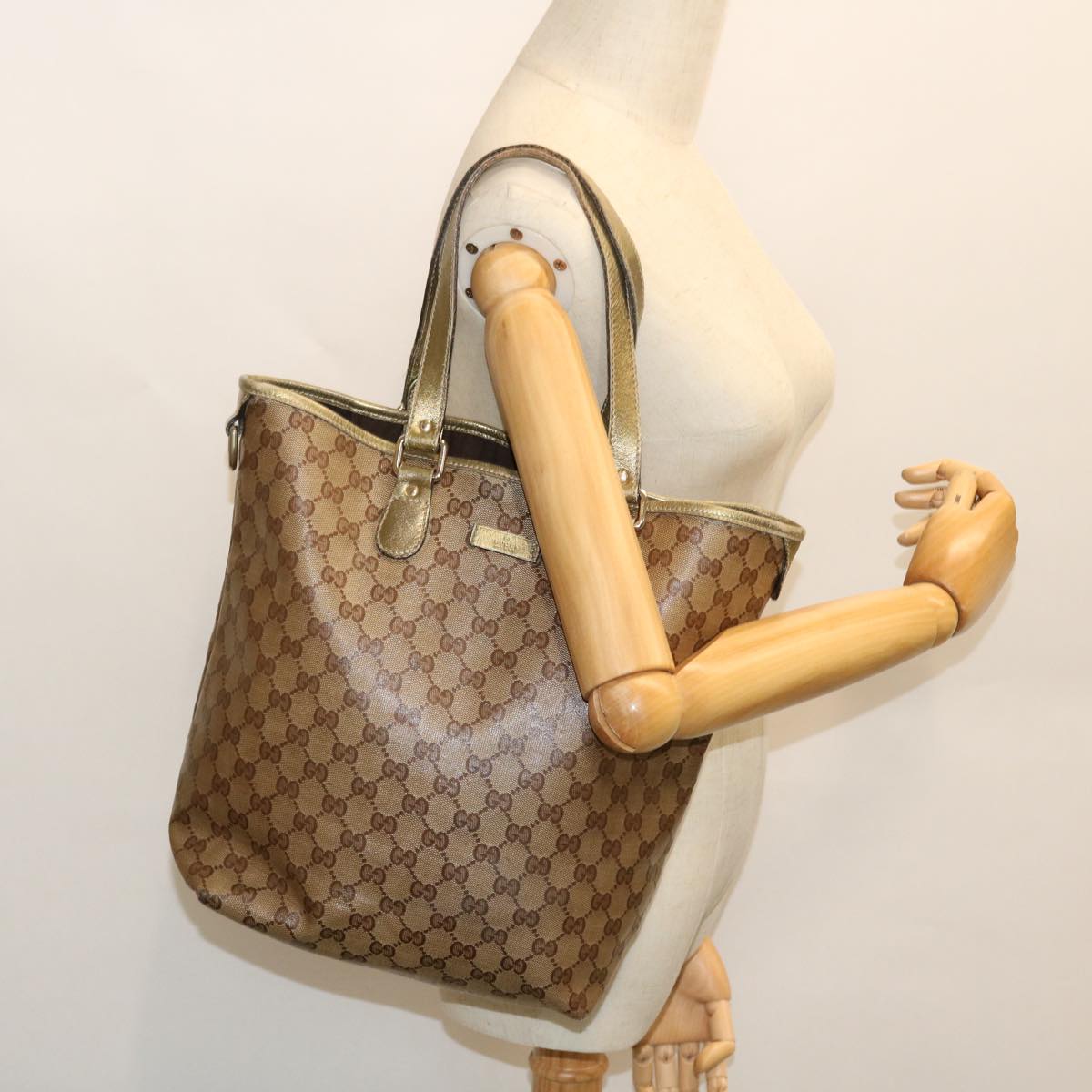 GUCCI GG Crystal Canvas Tote Bag Coated Canvas Beige Gold Tone 51846
