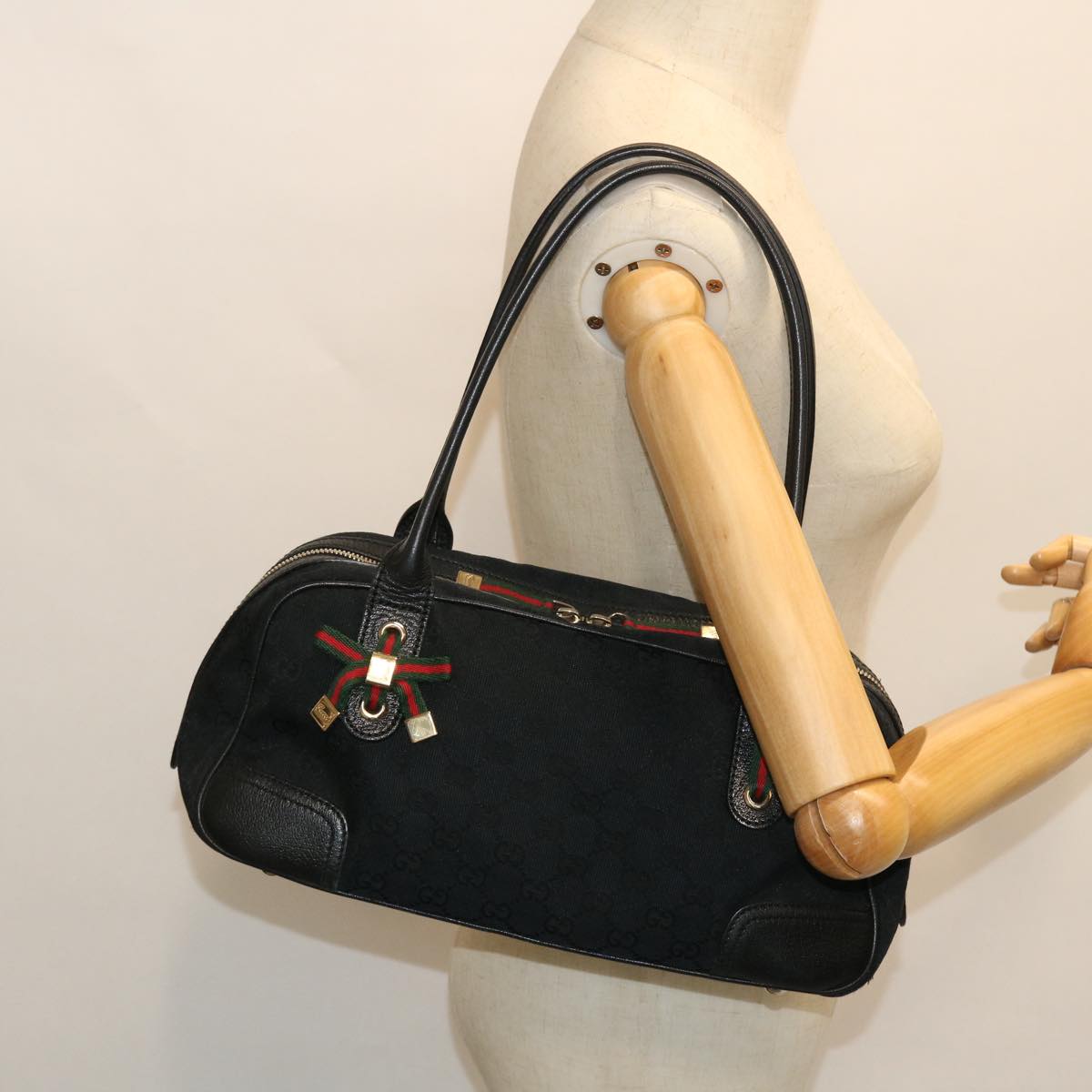 GUCCI GG Canvas Web Sherry Line Hand Bag Black Red Green 51850