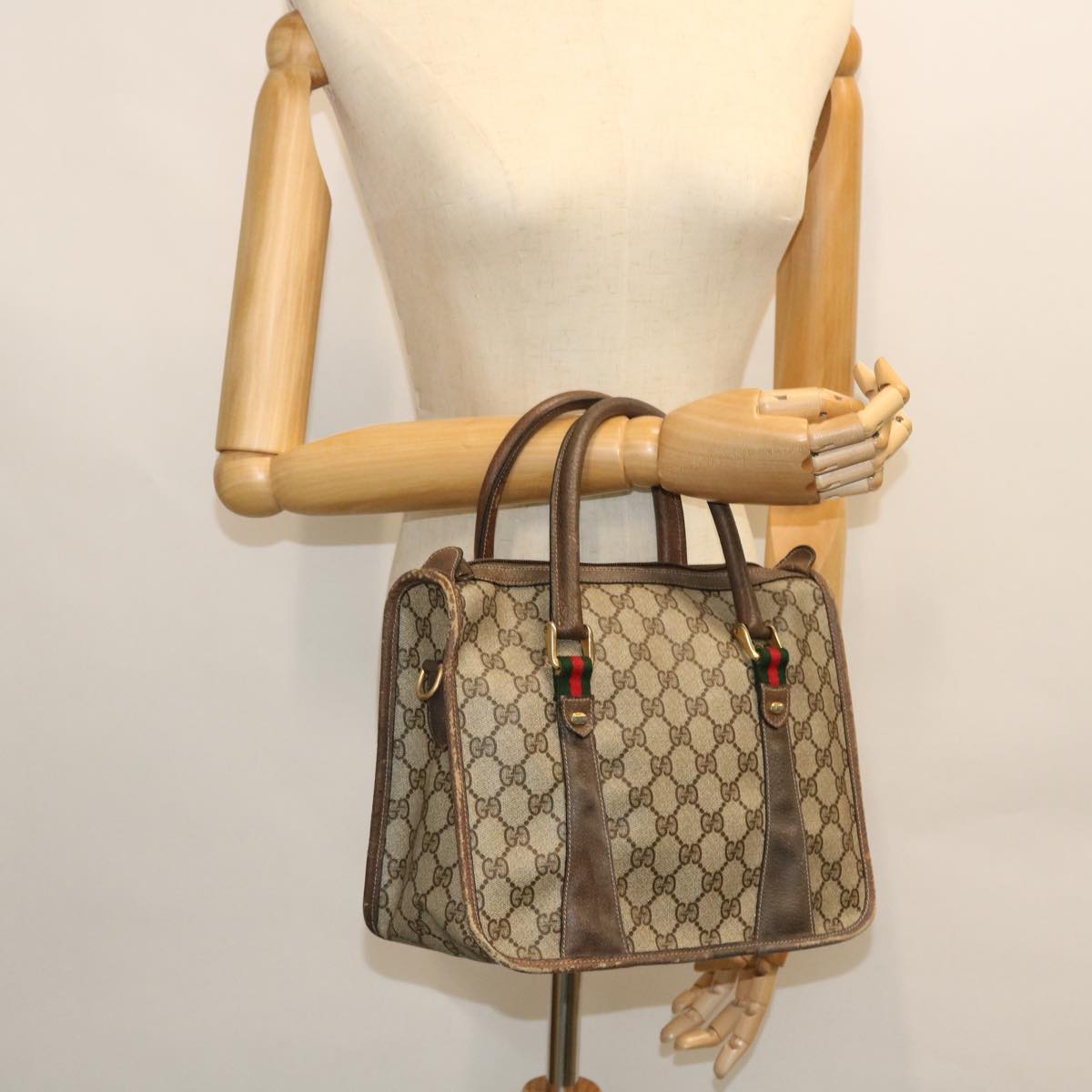 GUCCI GG Supreme Web Sherry Line Hand Bag Beige Green Red 51972
