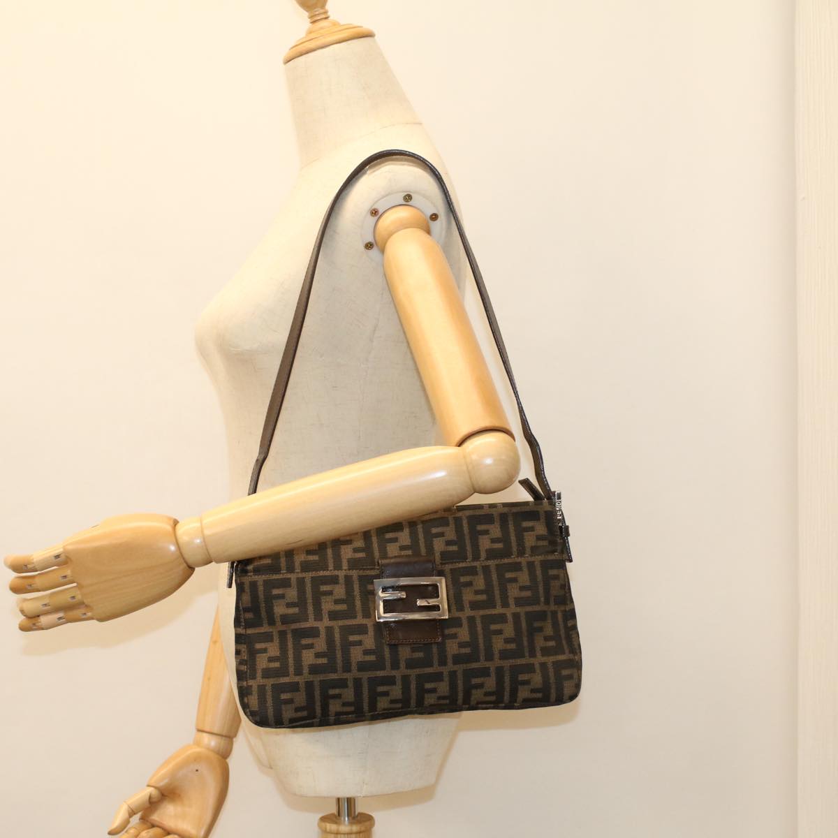 FENDI Zucca Canvas Mamma Baguette Shoulder Bag Black Brown 52008
