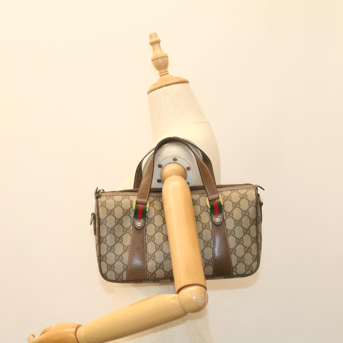 GUCCI GG Canvas Web Sherry Line Boston Bag Beige Red 39•02•040 52018