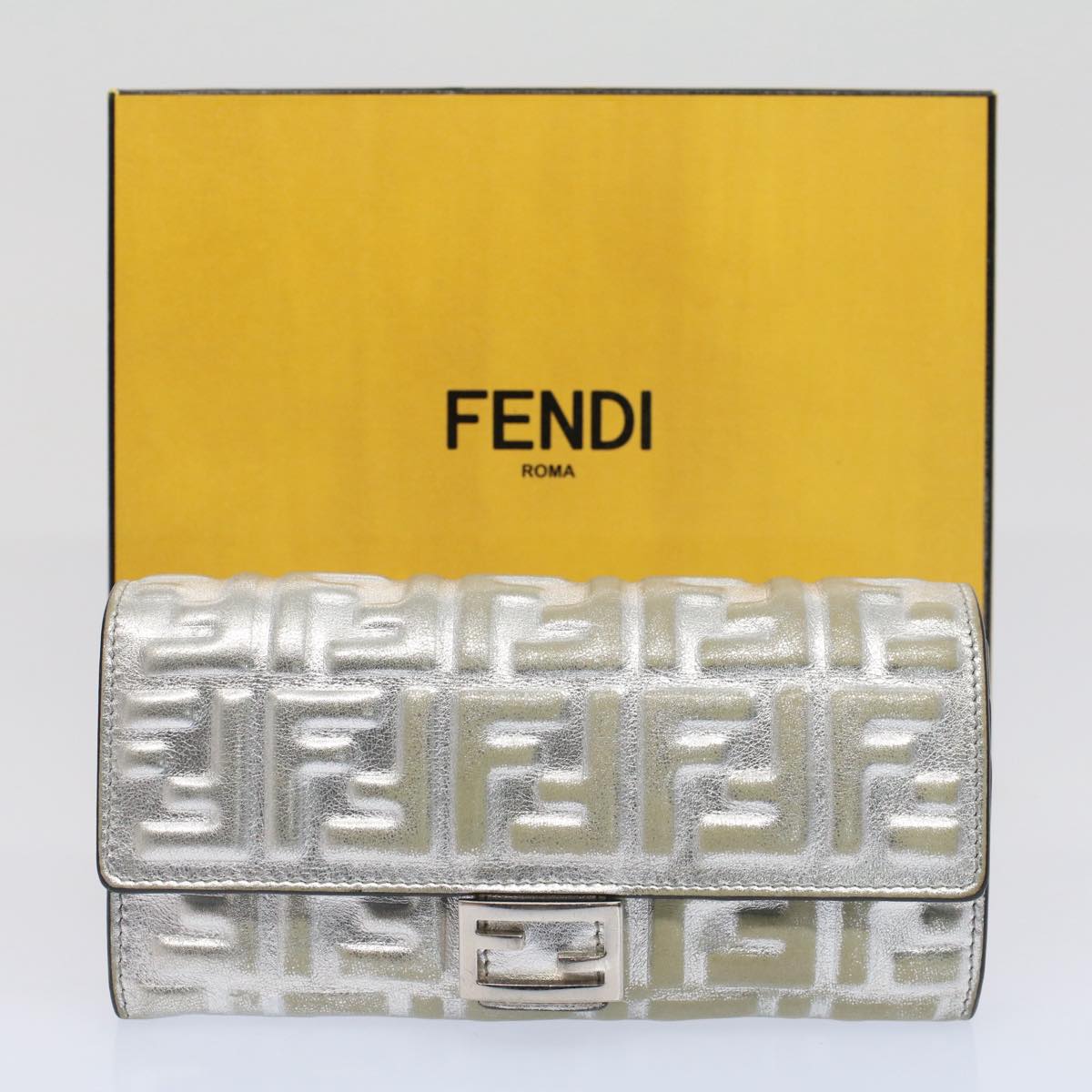FENDI Zucca Canvas Mamma Baguette Long Wallet Silver 52170