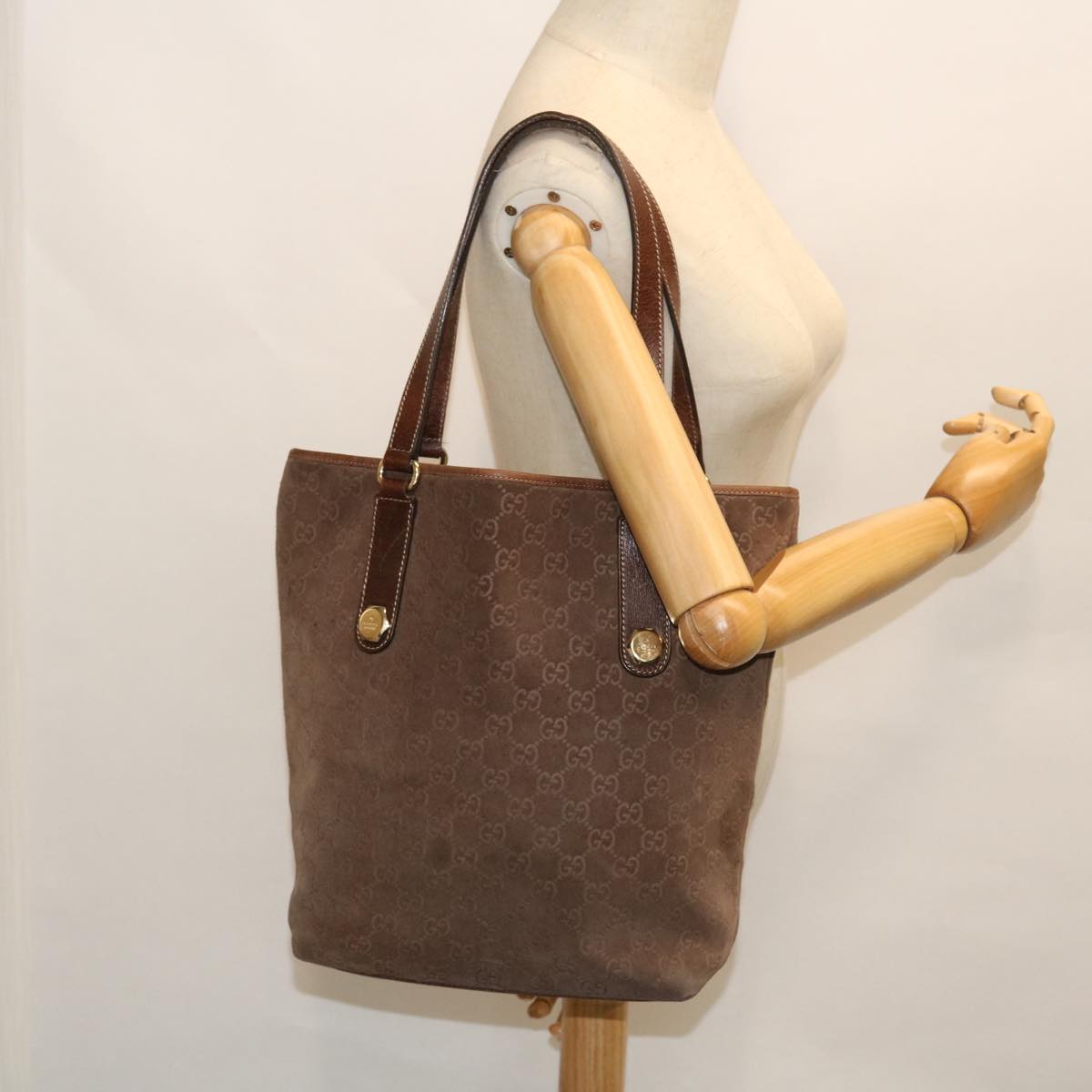 GUCCI GG Canvas Tote Bag Suede Brown 52749