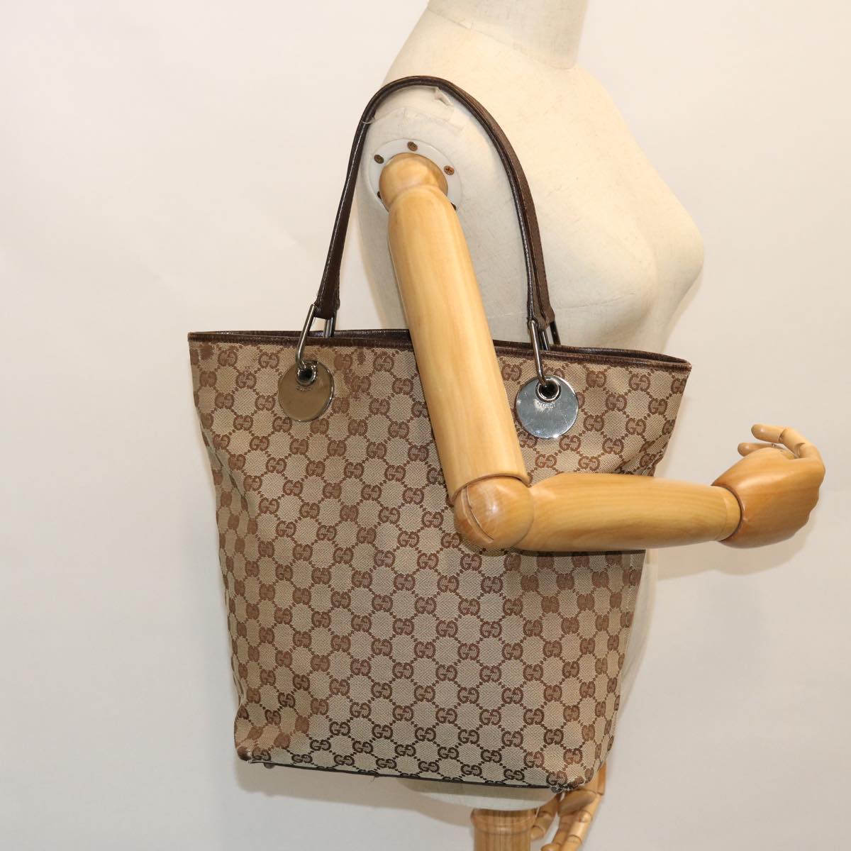 GUCCI GG Canvas Tote Bag Beige Brown 52750