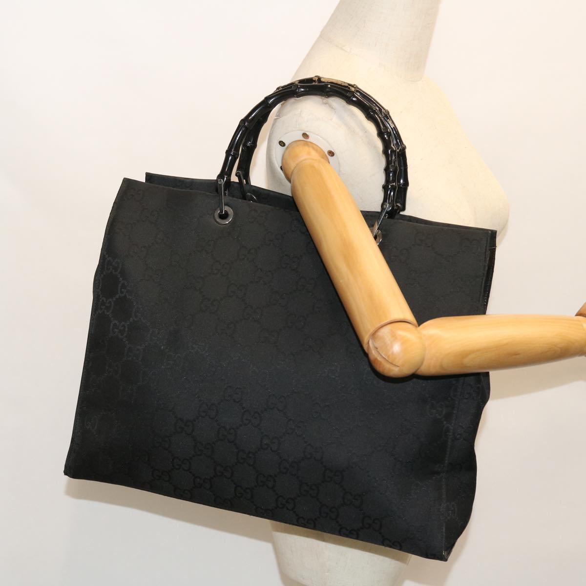 GUCCI GG Canvas Bamboo Hand Bag Nylon Black 52760