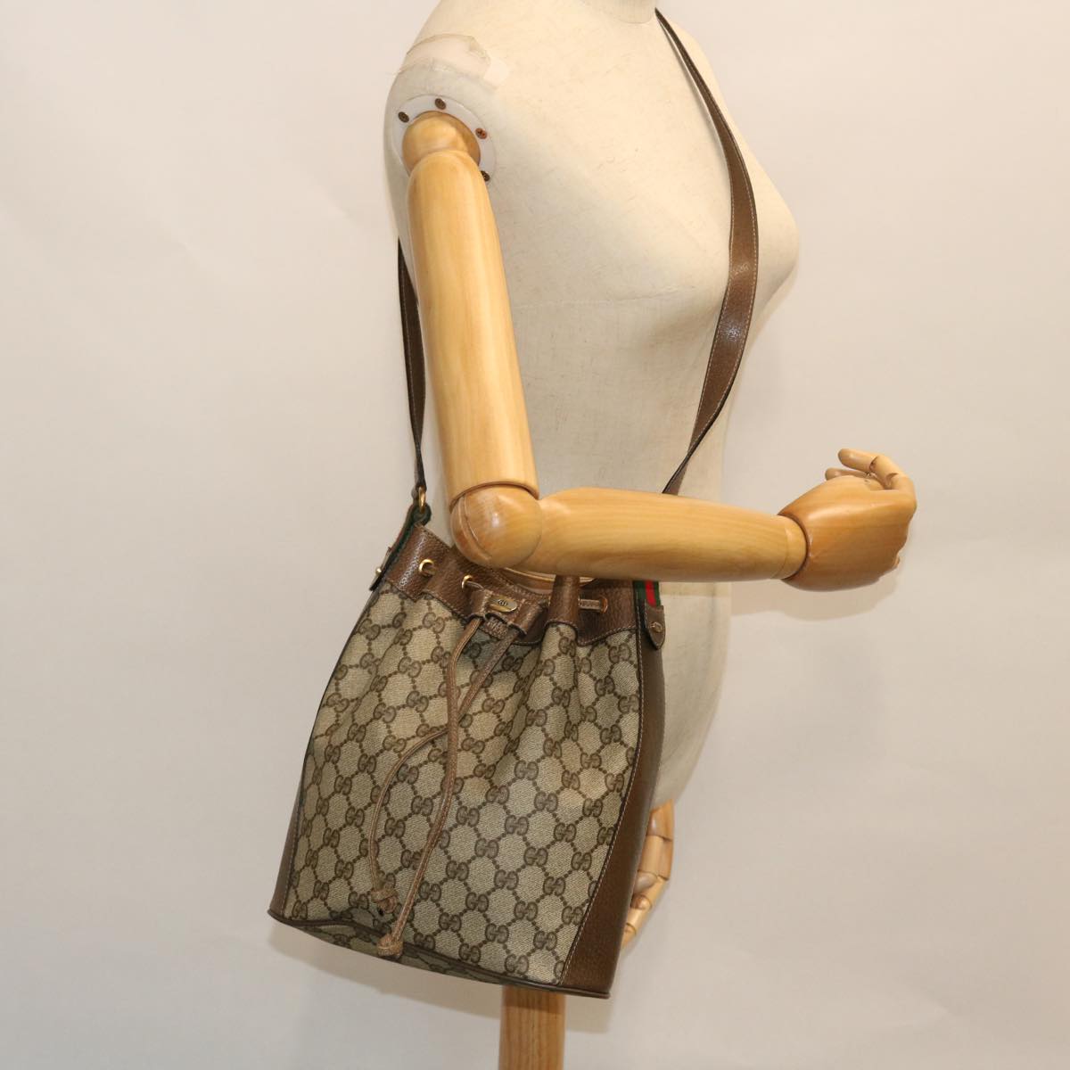 GUCCI GG Canvas Web Sherry Line Shoulder Bag PVC Leather Beige Green 52761