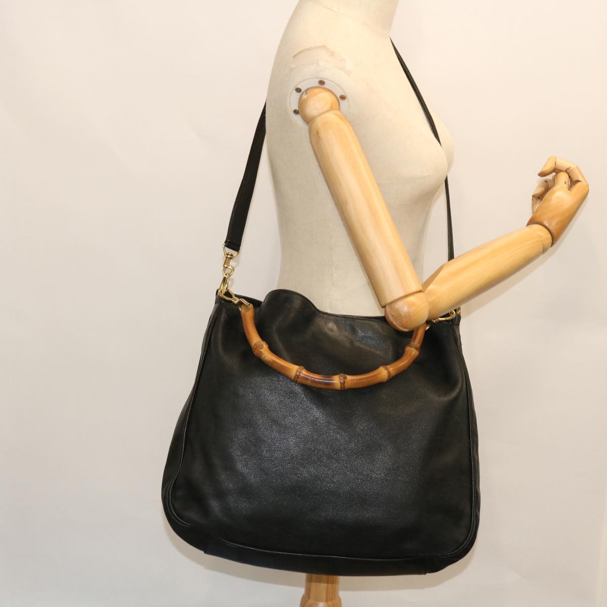 GUCCI Bamboo Shoulder Bag Leather 2way Black 52913
