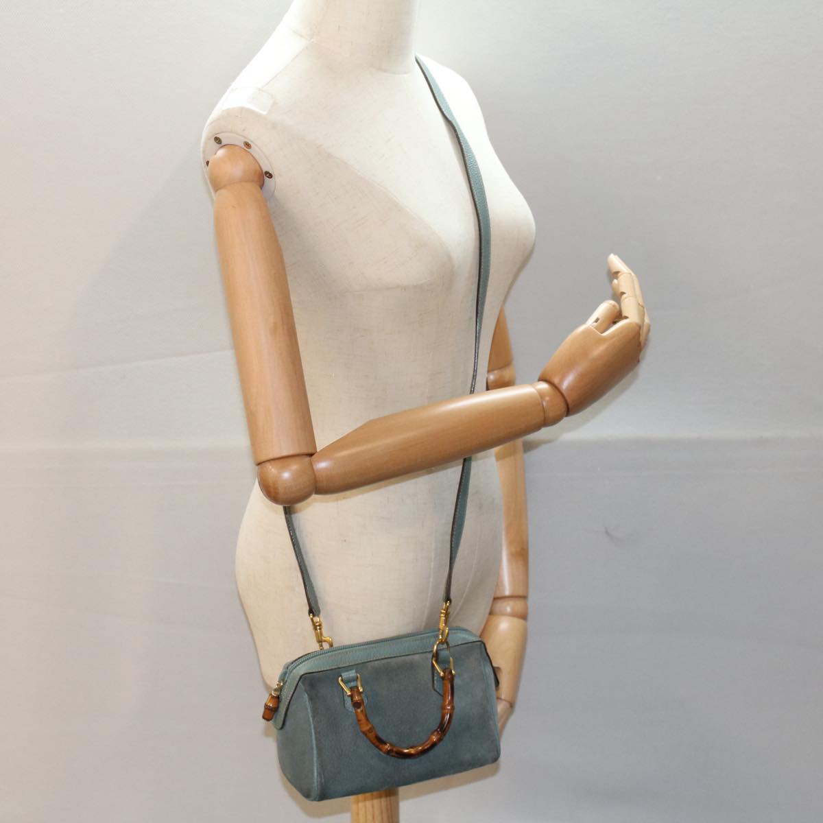 GUCCI Bamboo Hand Bag Suede 2way Green 007 3444 0232 53007