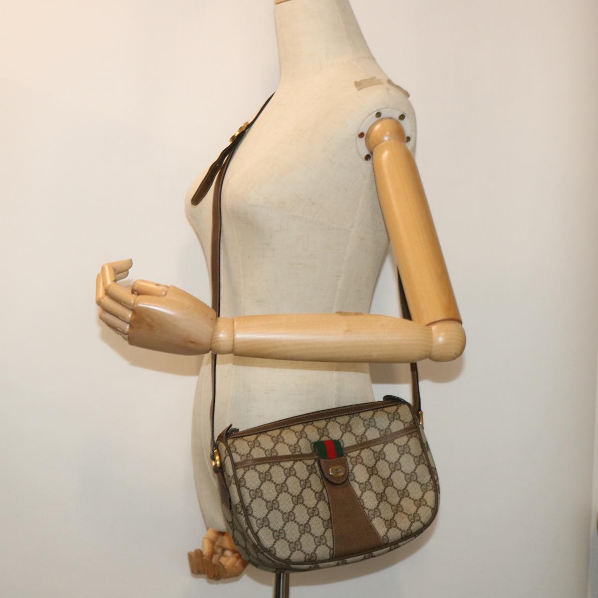 GUCCI GG Canvas Web Sherry Line Shoulder Bag PVC Leather Beige Green 53255