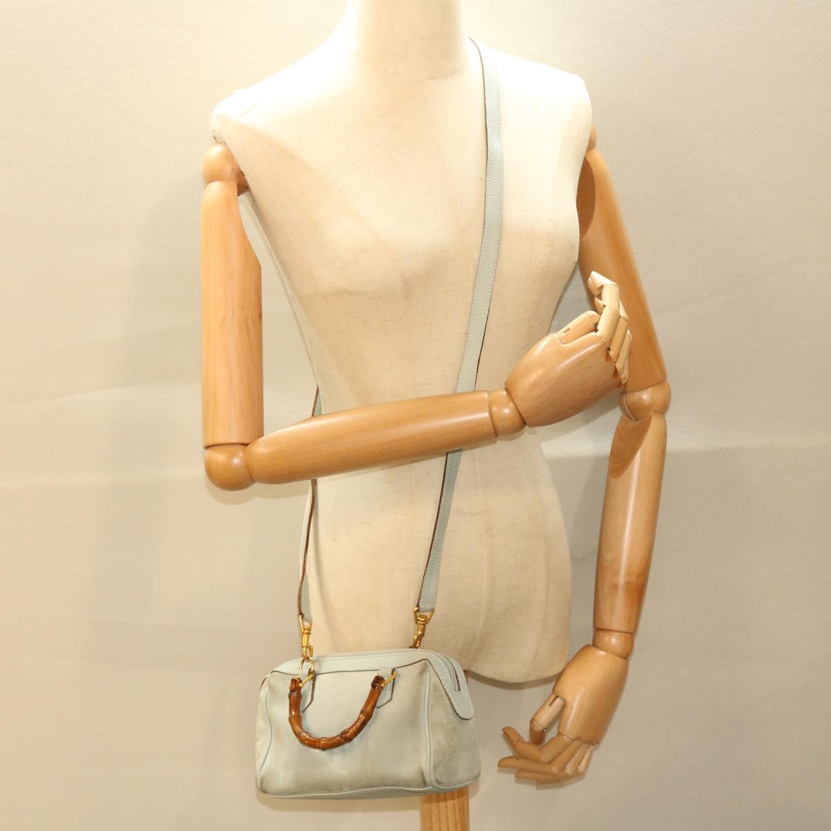 GUCCI Bamboo Shoulder Bag Suede 2way Light Blue 53258