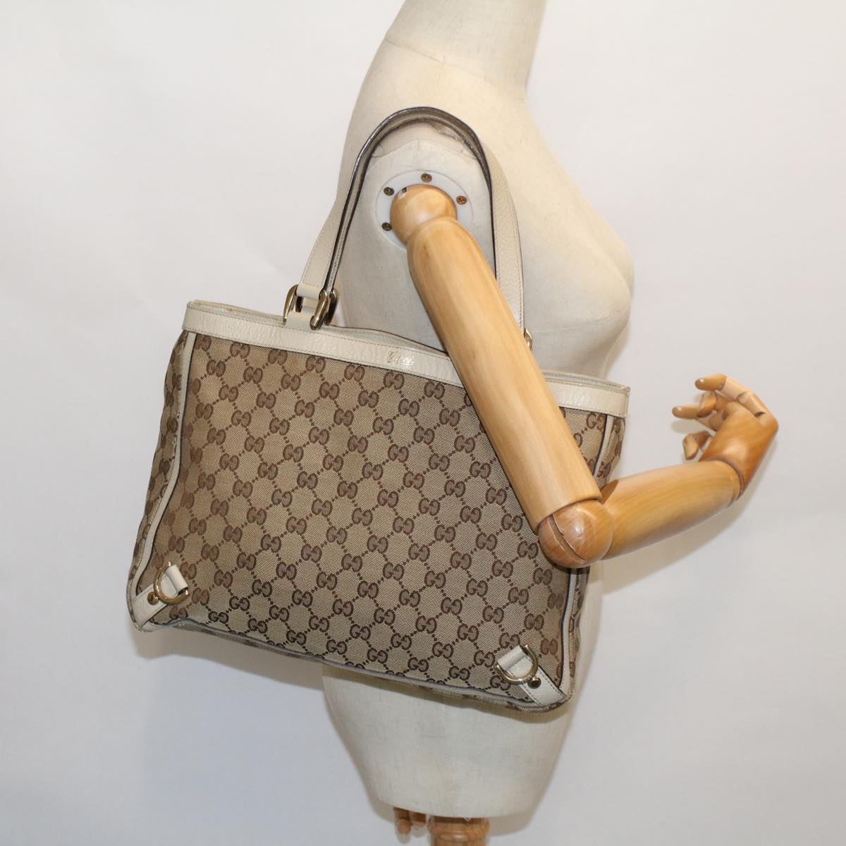 GUCCI GG Canvas Hand Bag Beige White 53266