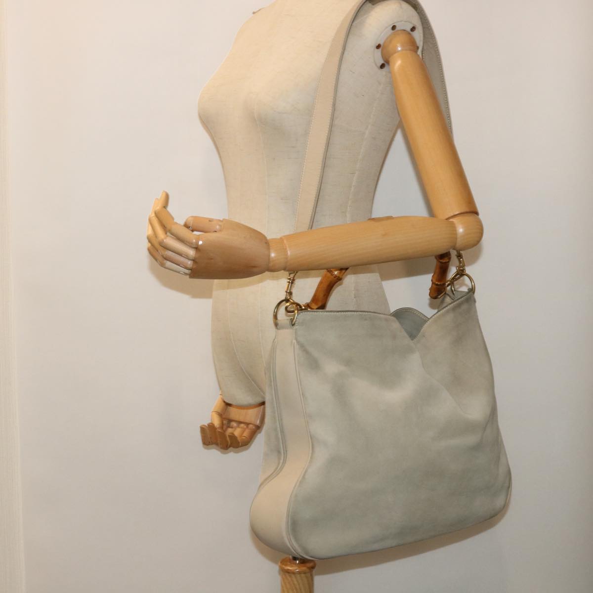 GUCCI Bamboo Shoulder Bag Suede 2way Beige 53270