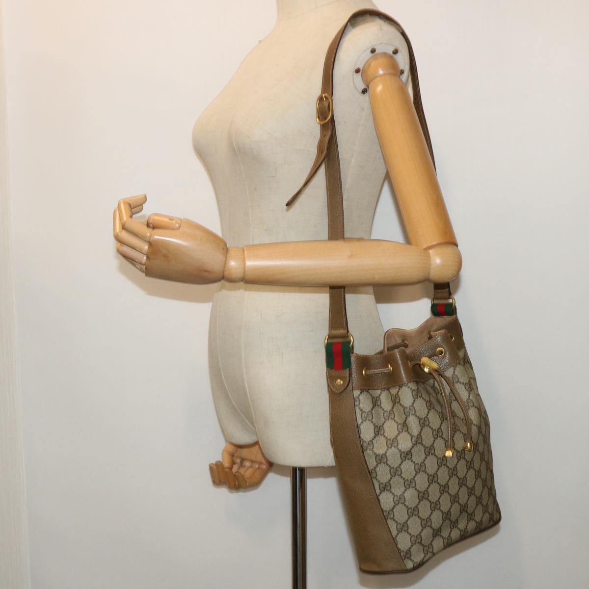 GUCCI GG Canvas Web Sherry Line Shoulder Bag PVC Leather Beige Green 53271