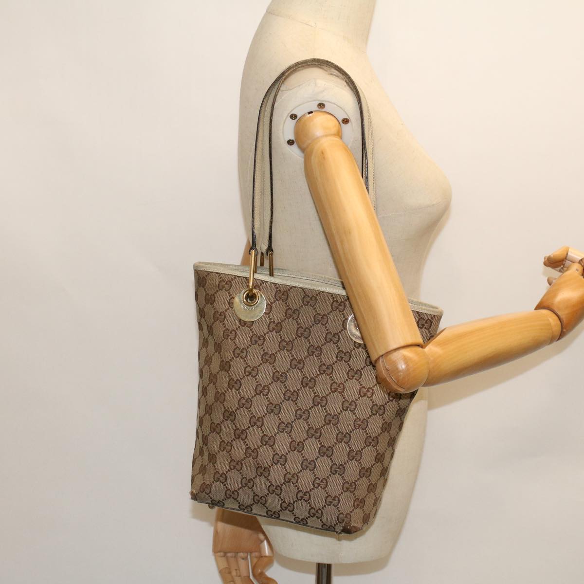 GUCCI GG Canvas Hand Bag Canvas Leather Beige White 53654