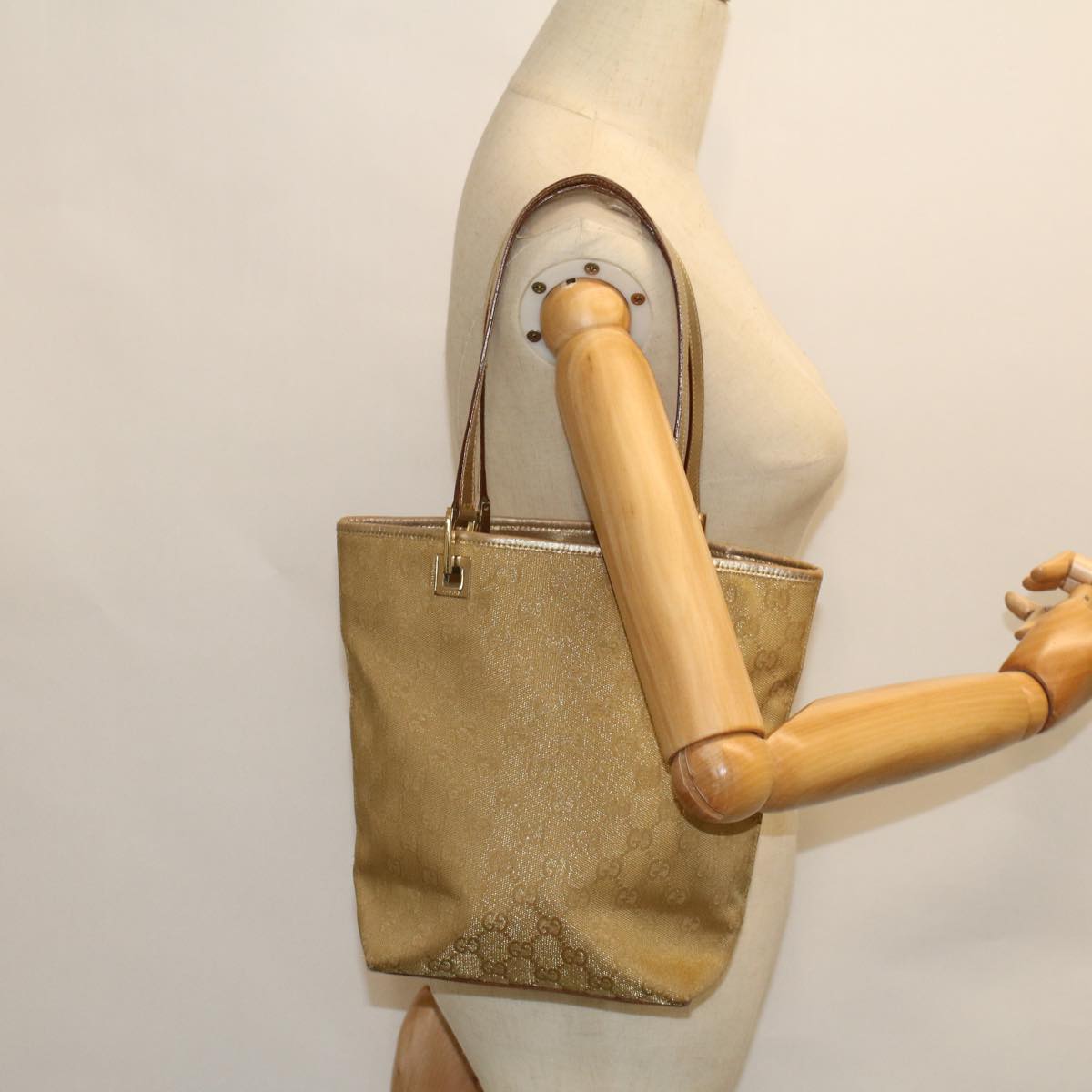 GUCCI GG Canvas Hand Bag Canvas Leather Gold 53657