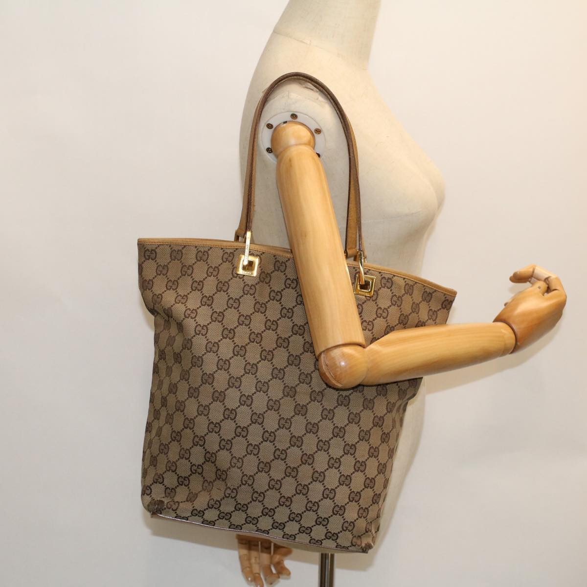 GUCCI GG Canvas Hand Bag Canvas Leather Beige Brown 53658