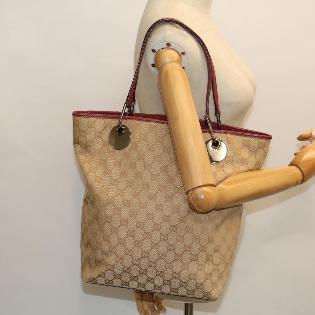 GUCCI GG Canvas Hand Bag Canvas Leather Beige Red 53659