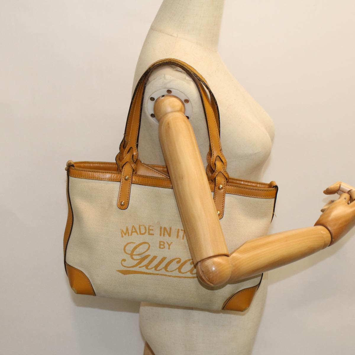 GUCCI Hand Bag Canvas Leather Beige Orange 53679