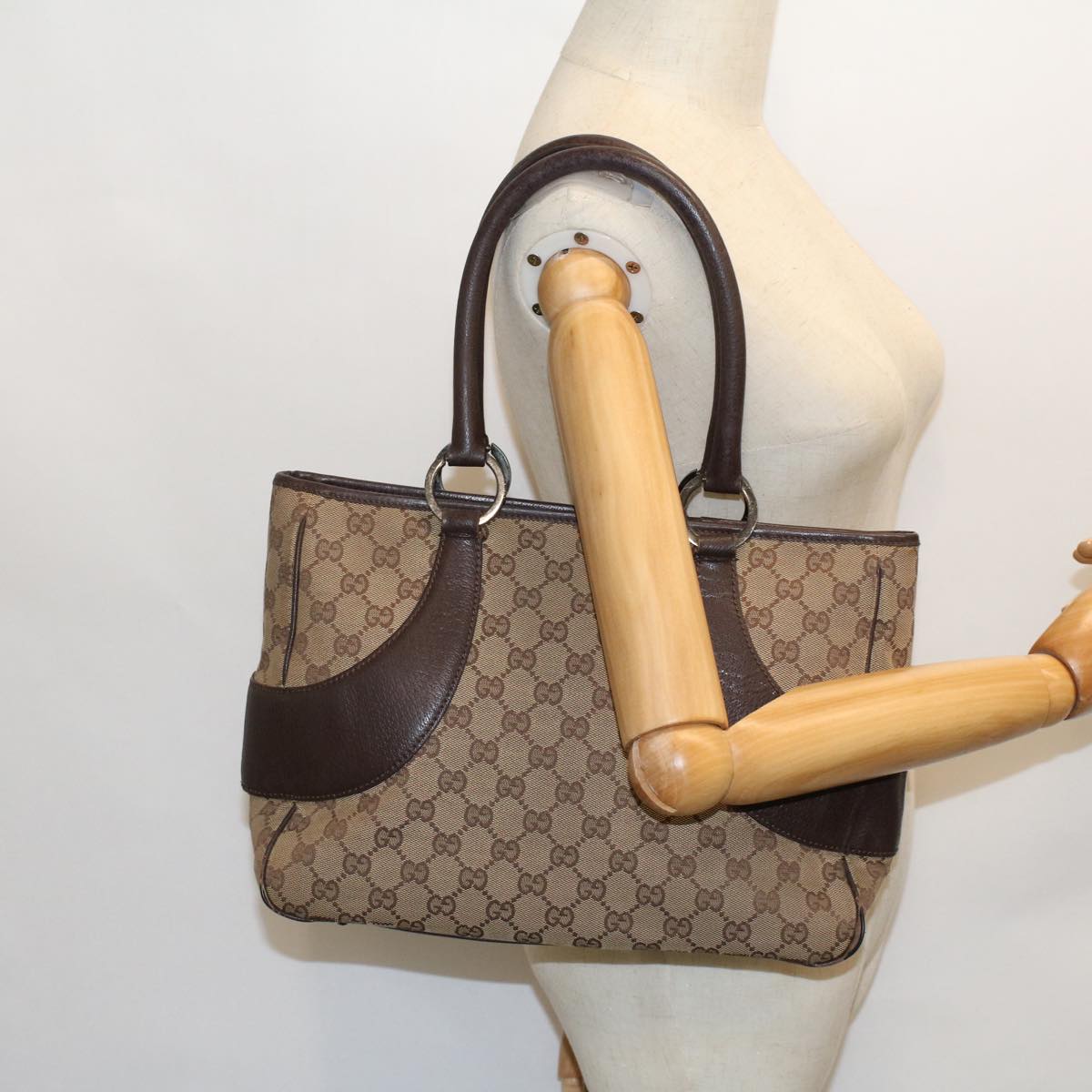 GUCCI GG Canvas Hand Bag Canvas Leather Beige Brown 53680