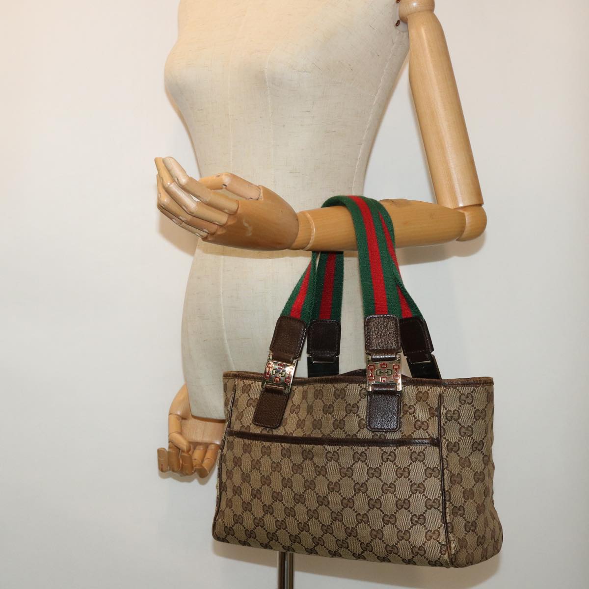 GUCCI GG Canvas Web Sherry Line Hand Bag Canvas Leather Beige Green 53681