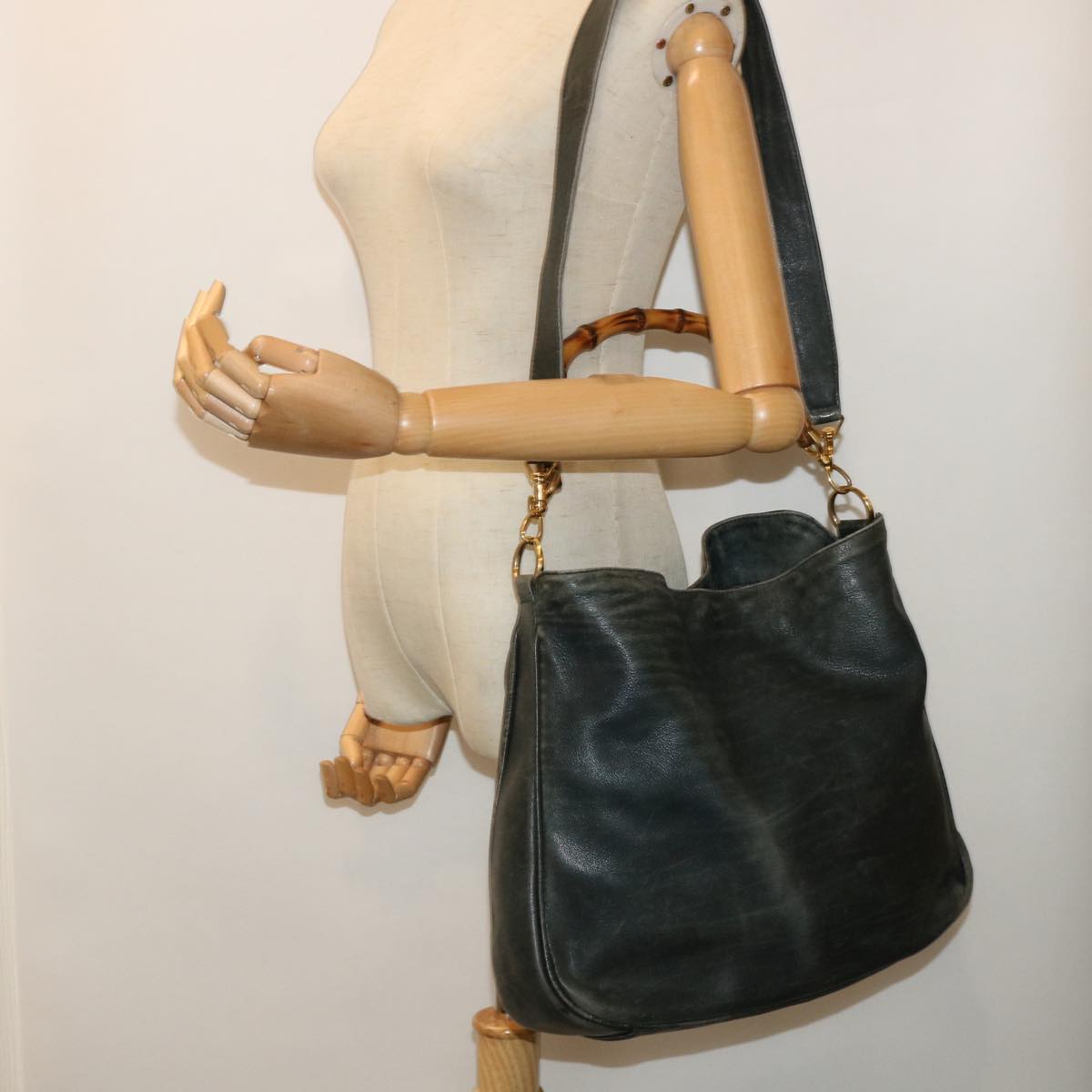 GUCCI Bamboo Shoulder Bag Leather 2way Black 53693