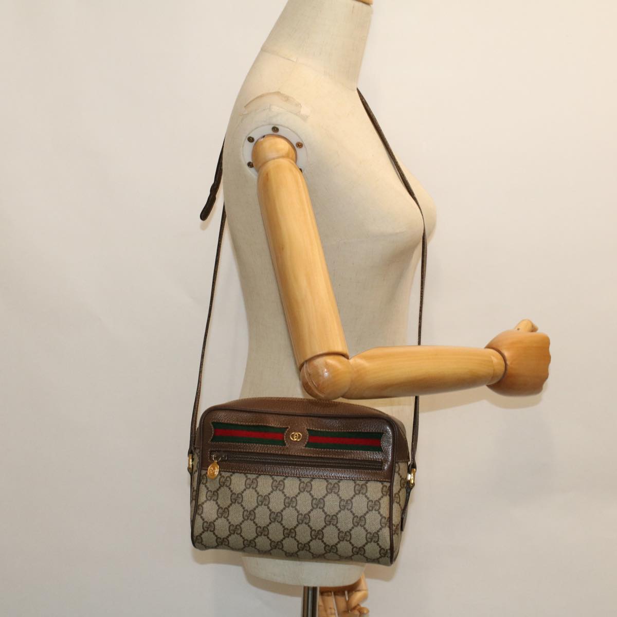 GUCCI GG Canvas Web Sherry Line Shoulder Bag PVC Leather Beige Green 54004