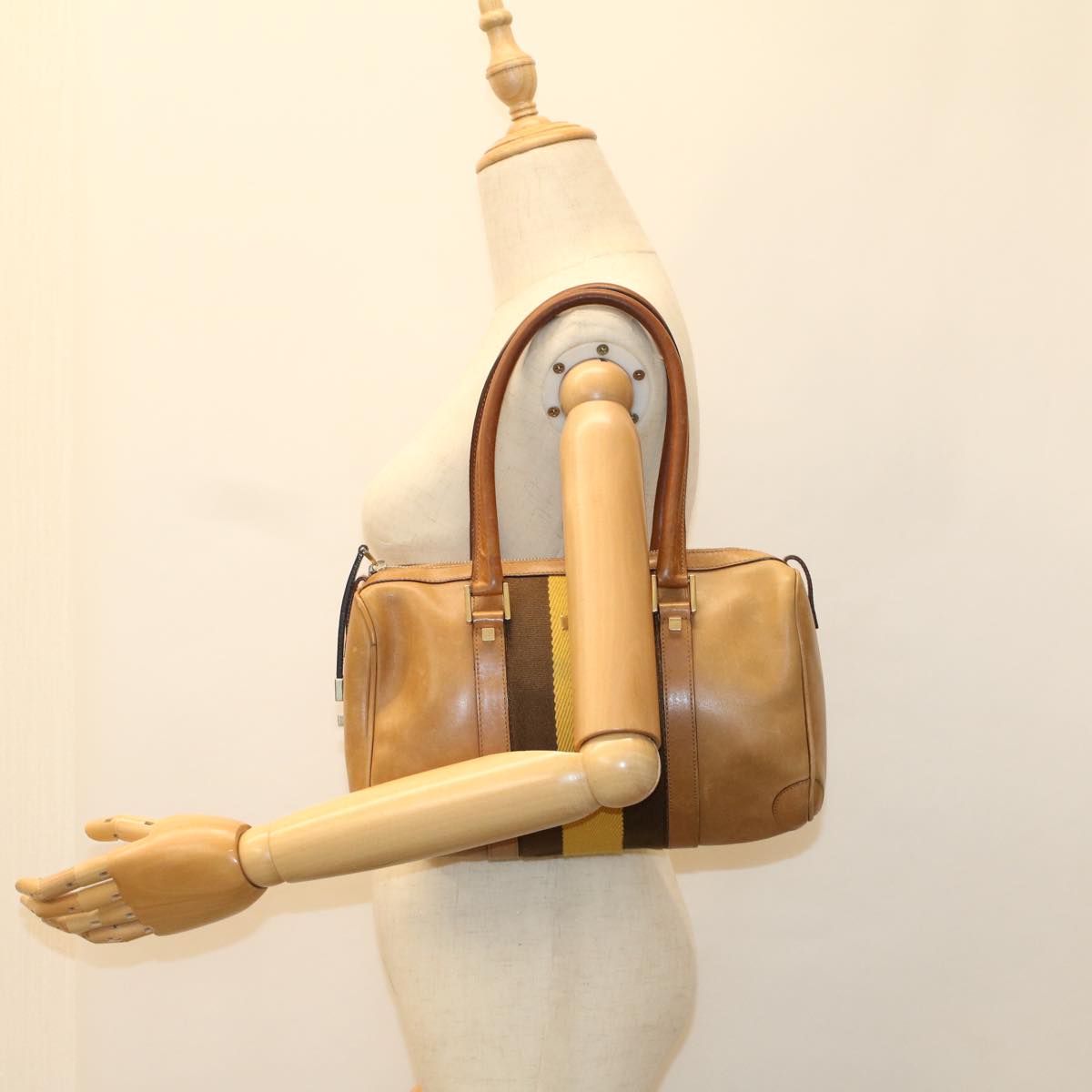 GUCCI Sherry Line Hand Bag Canvas Leather Brown Yellow 000 0851 54007