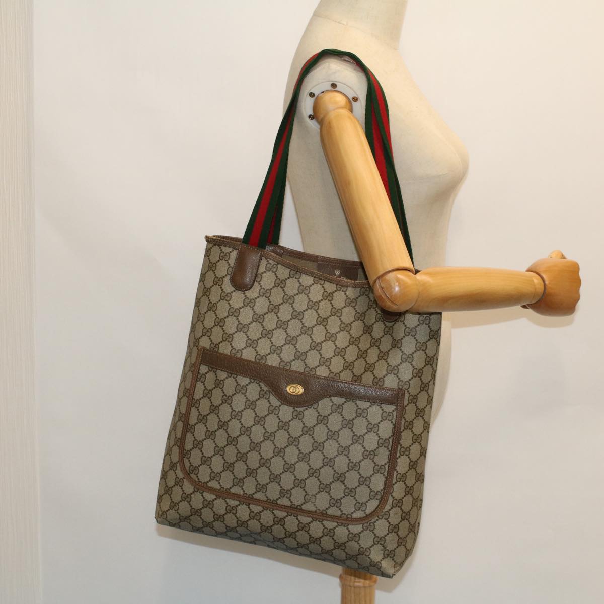 GUCCI GG Canvas Web Sherry Line Tote Bag PVC Leather Beige Red Green 54013