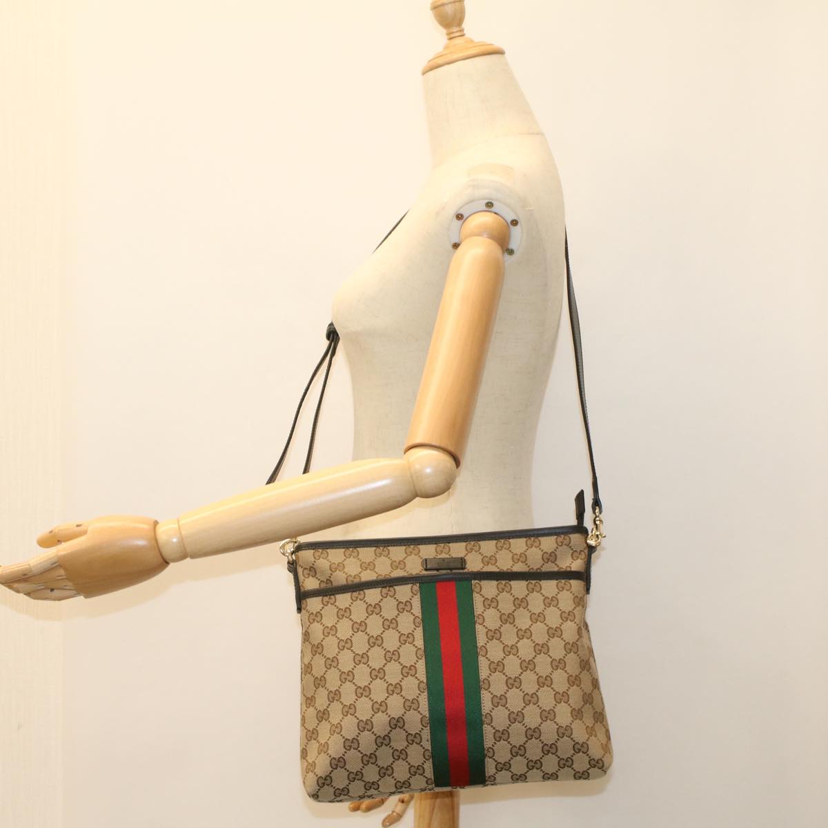 GUCCI GG Supreme Web Sherry Line Shoulder Bag Beige Red Green 388926 54134