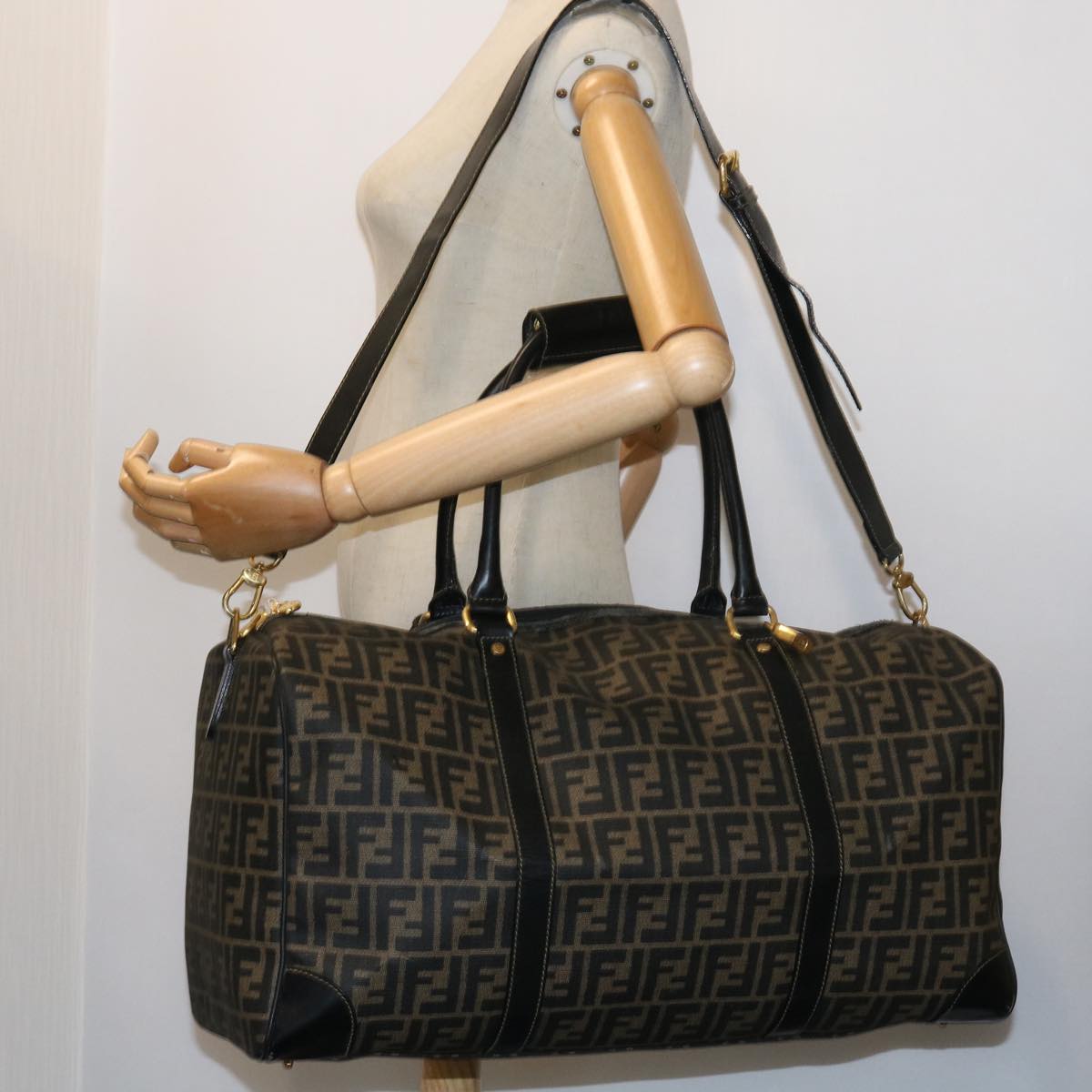 FENDI Zucca Canvas Boston Bag 2way Black Brown 54154