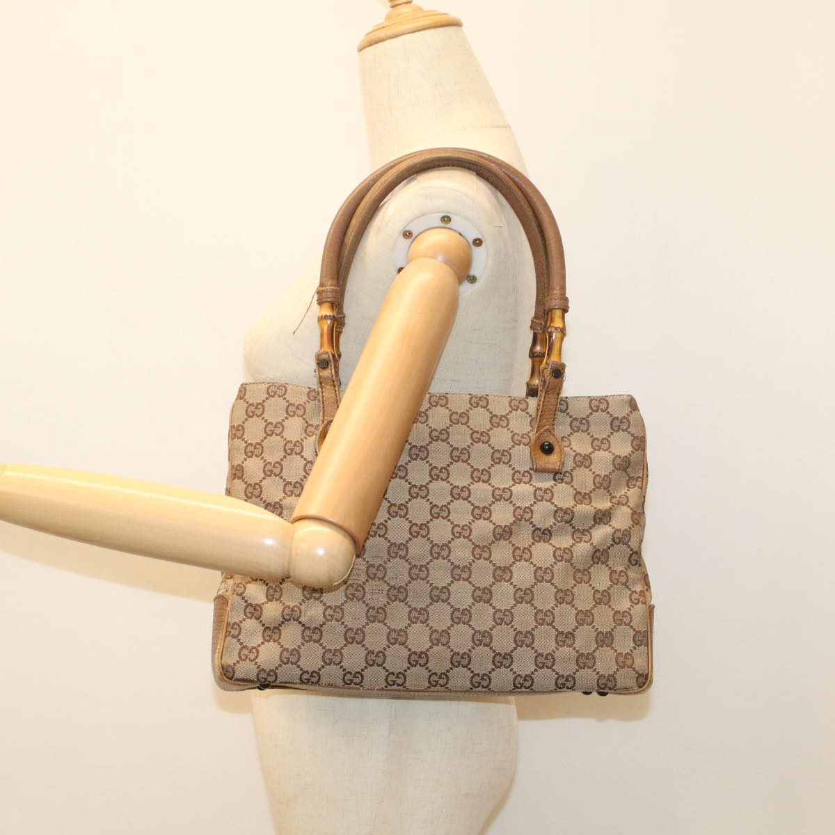GUCCI GG Canvas Bamboo Hand Bag Leather Beige Brown 54340