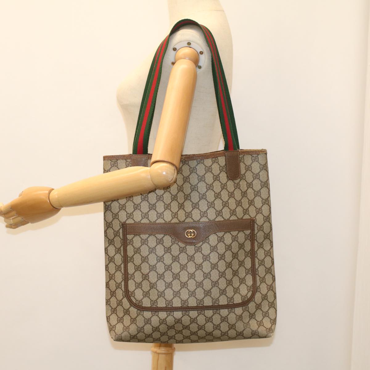 GUCCI GG Supreme Web Sherry Line Tote Bag Beige Red 002 58 6487 9411 54557