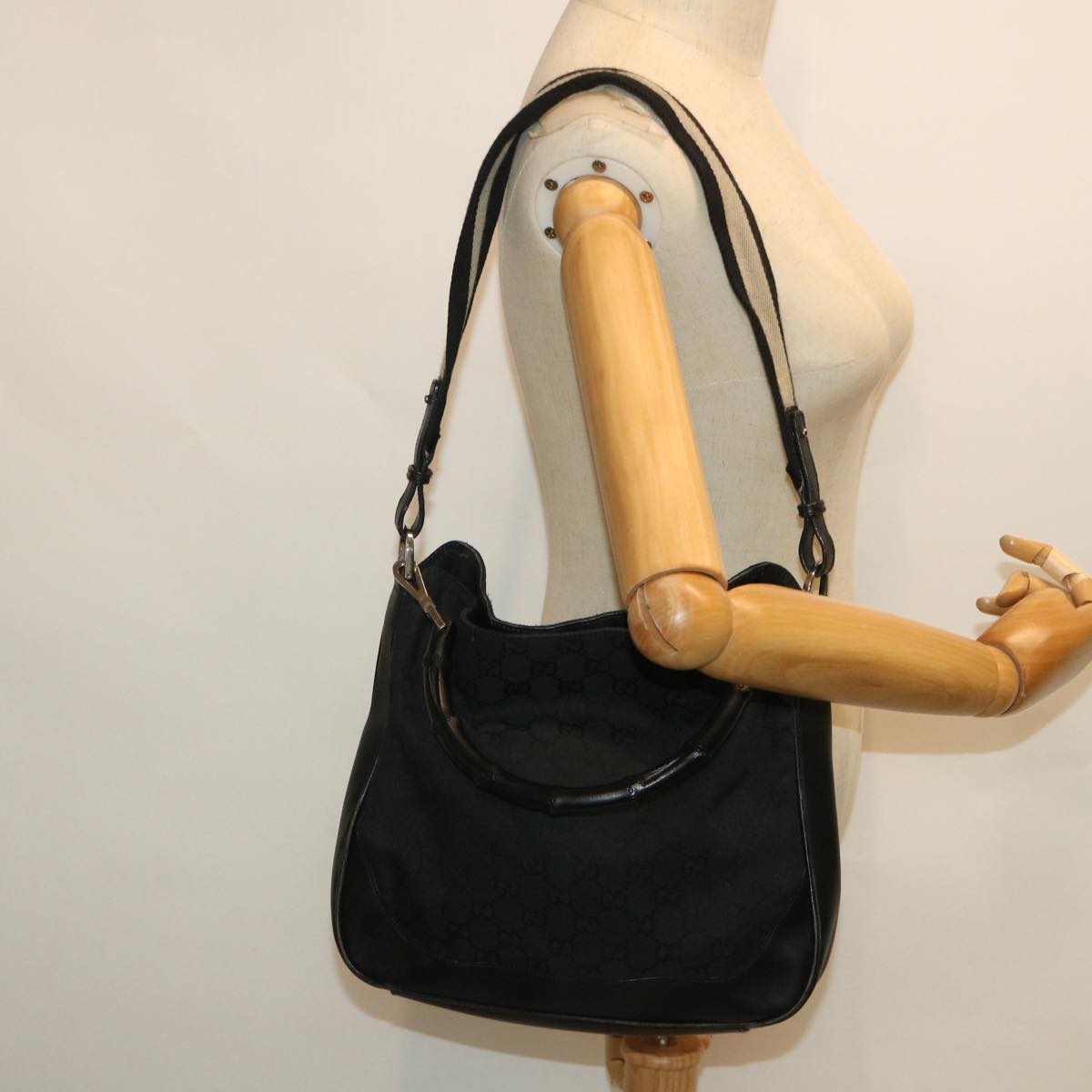 GUCCI GG Canvas Sherry Line Bamboo Hand Bag 2way Black White 001 4095 54699
