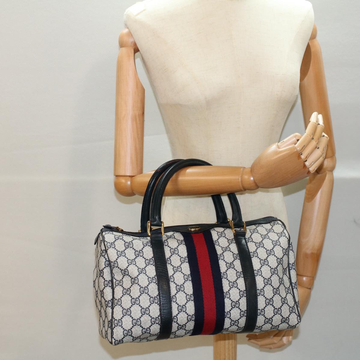 GUCCI GG Canvas Sherry Line Boston Bag Gray Red Navy 010 378 54741