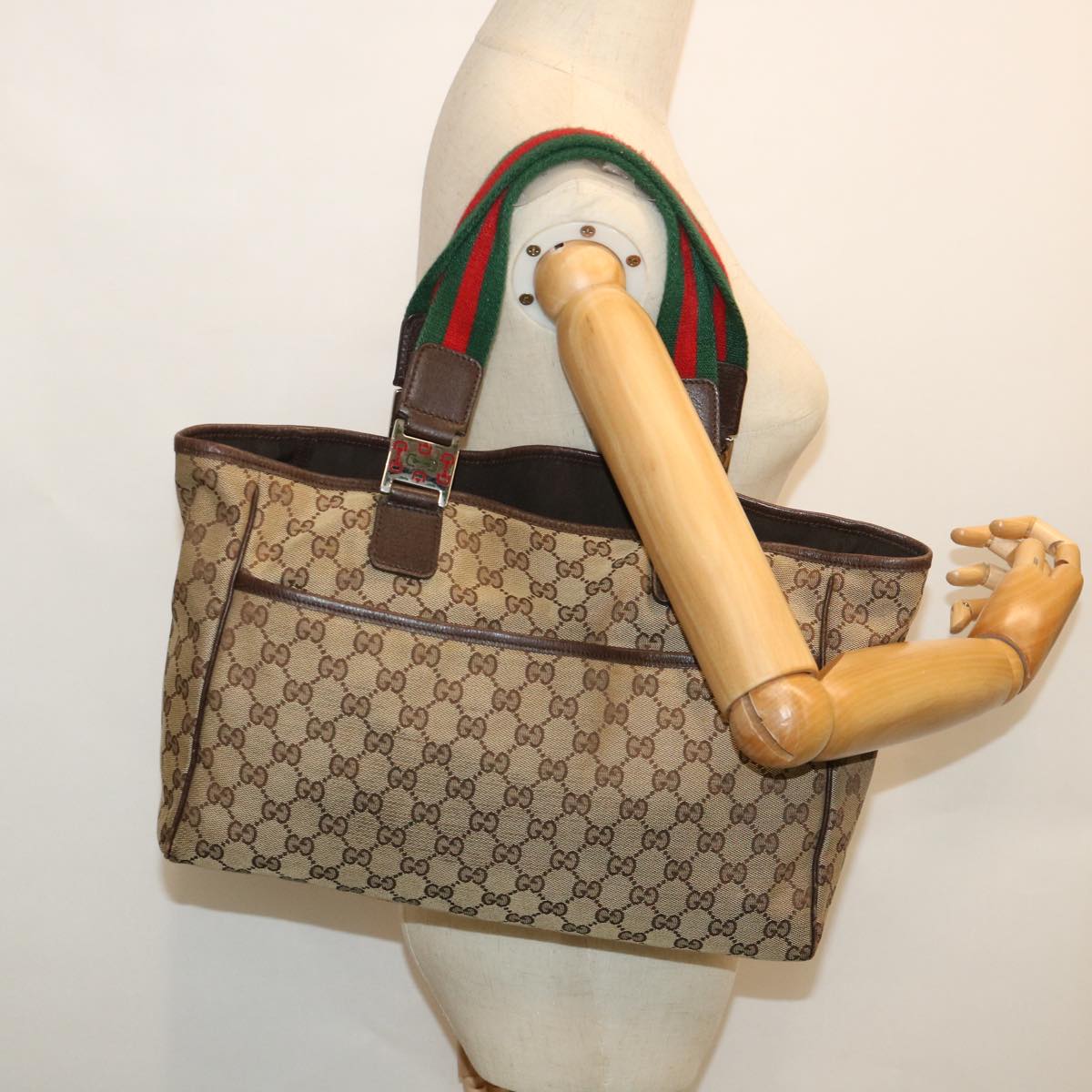 GUCCI GG Canvas Web Sherry Line Tote Bag Beige Red Green 145758 54842