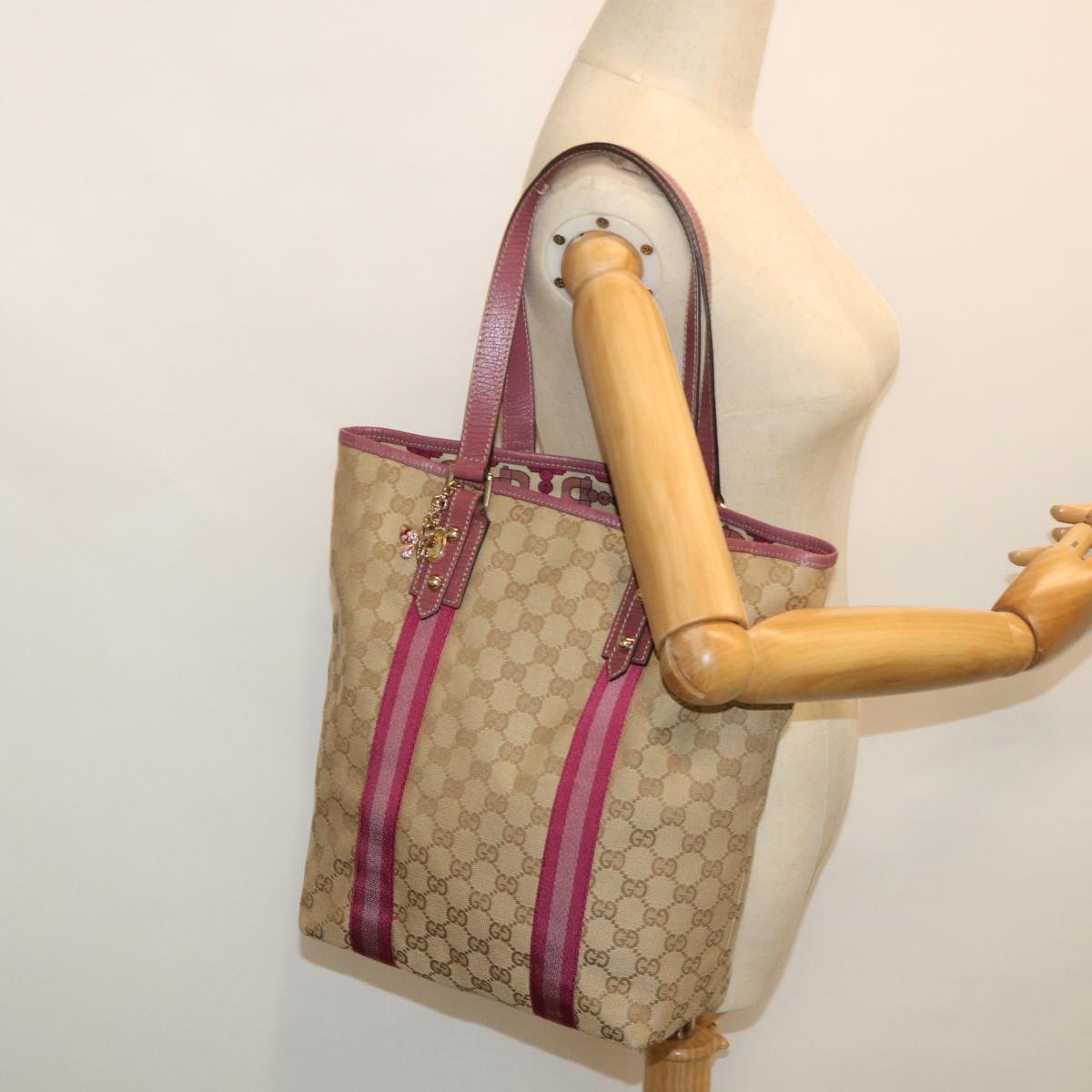 GUCCI GG Canvas Sherry Line Tote Bag Beige Pink 162899 54900
