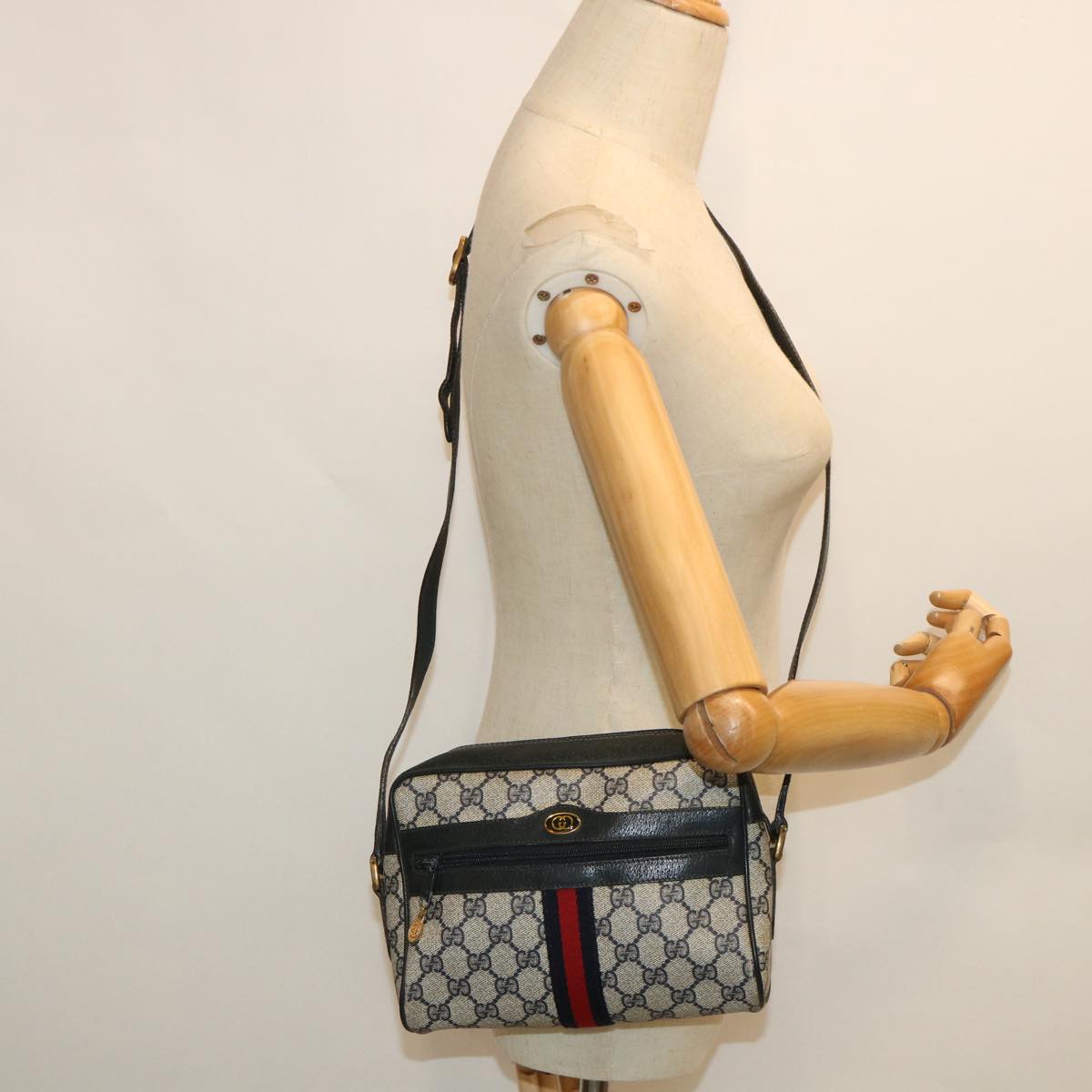 GUCCI GG Canvas Sherry Line Shoulder Bag PVC Leather Navy Red 54963