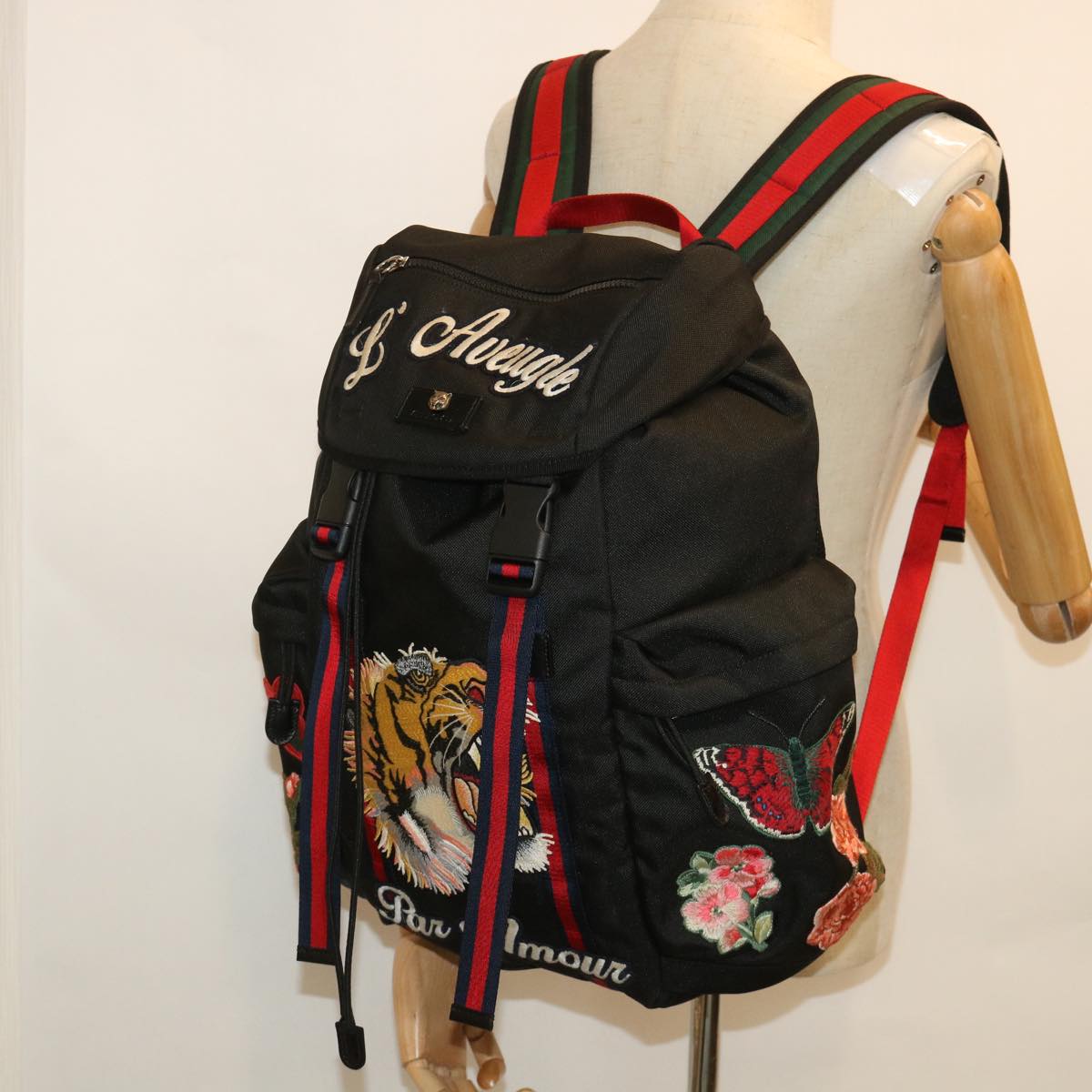 GUCCI Embroidered Tiger Web Sherry Line Backpack Nylon Black 429037 55638A