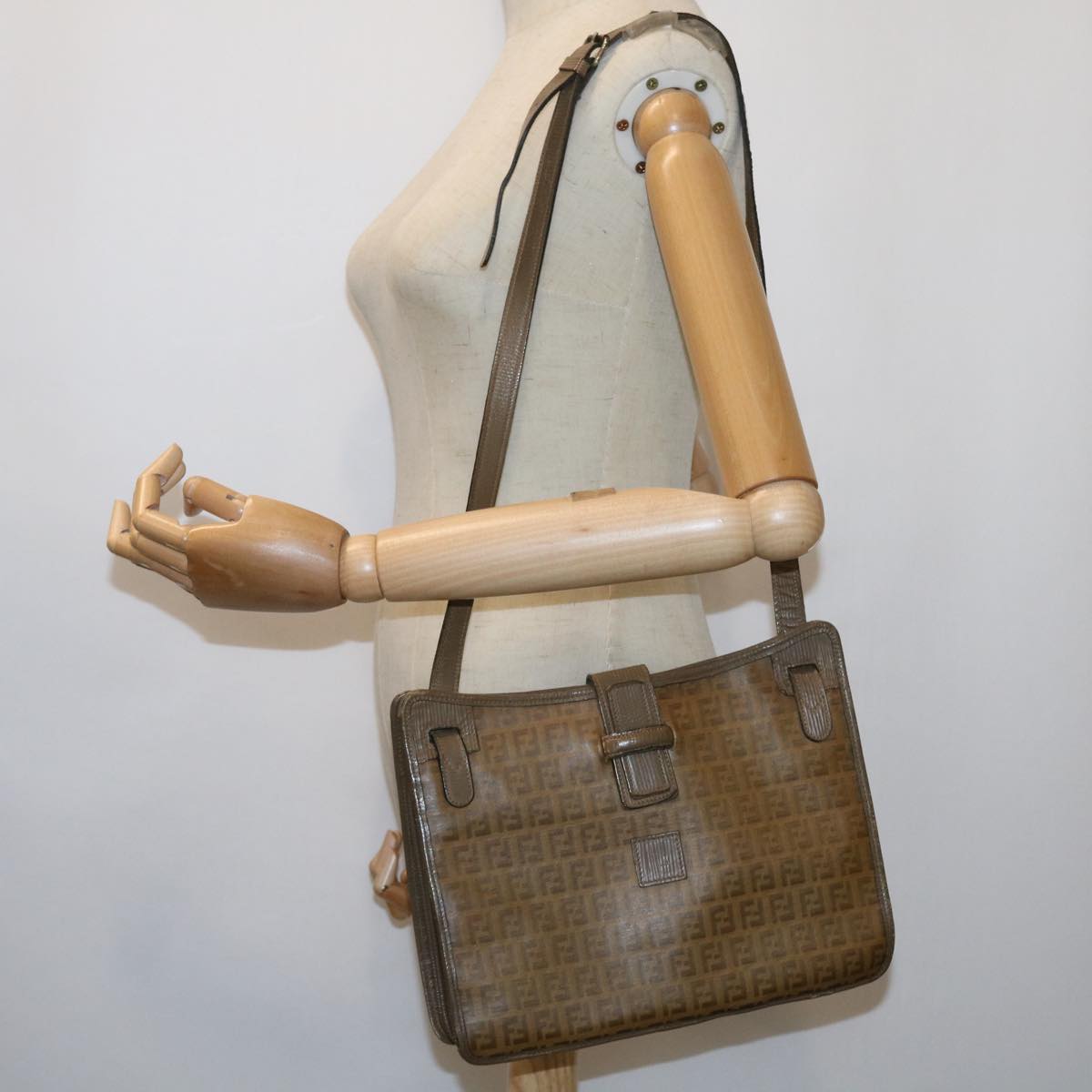 FENDI Zucchino Canvas Shoulder Bag Brown 56785