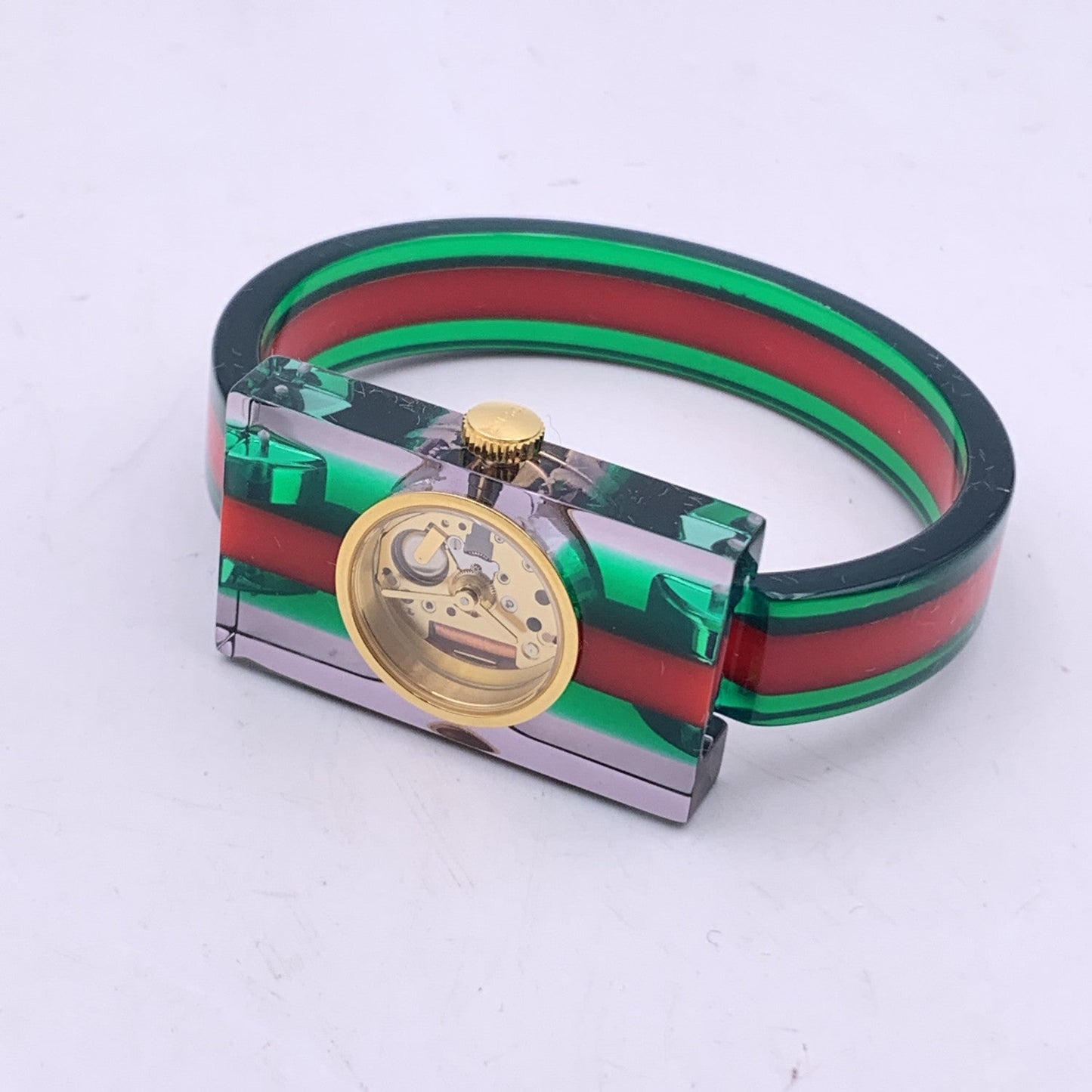 GUCCI Red Green Striped Plexi Web Watch 143.5 Skeleton Dial