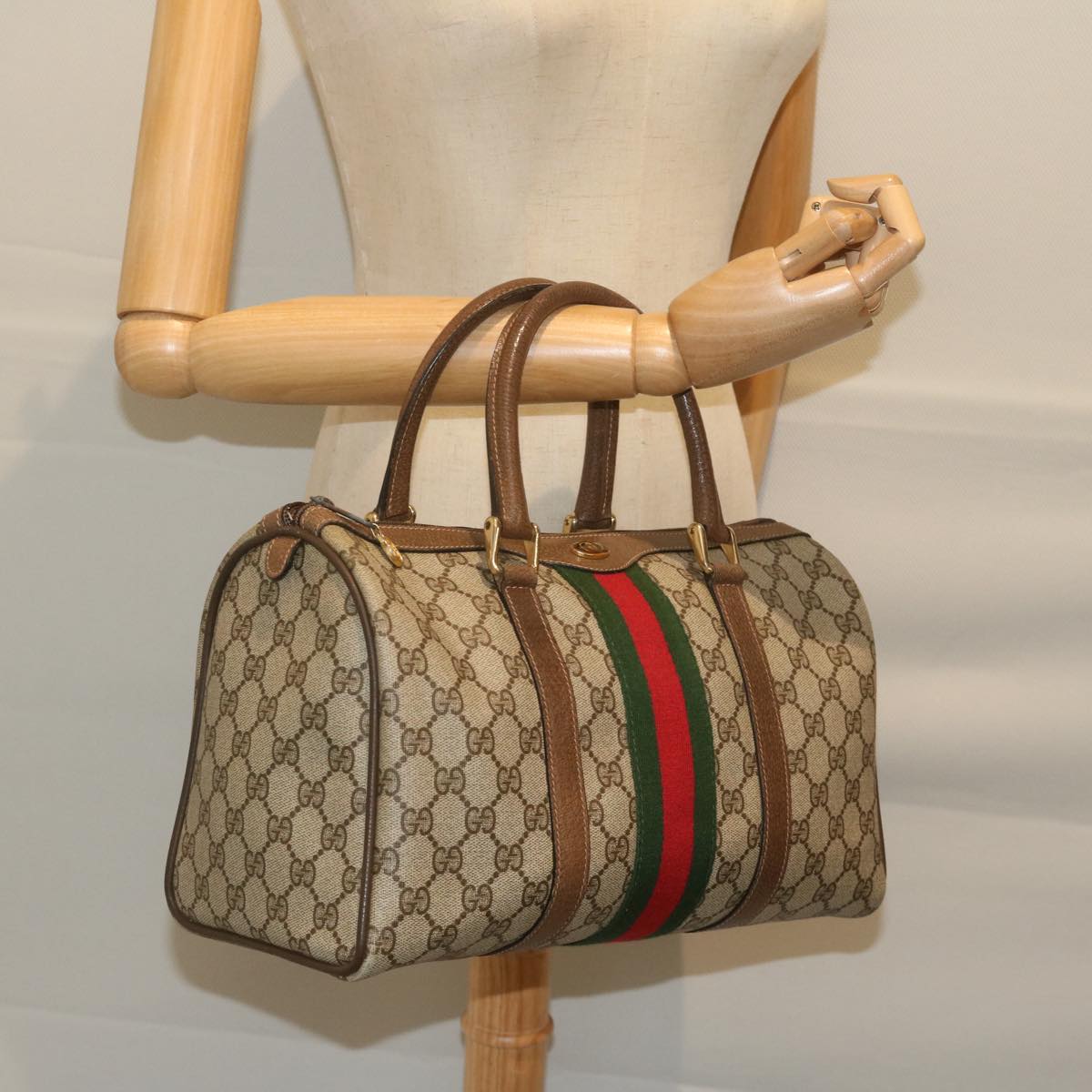 GUCCI GG Canvas Web Sherry Line Hand Bag PVC Beige Red Green 61347