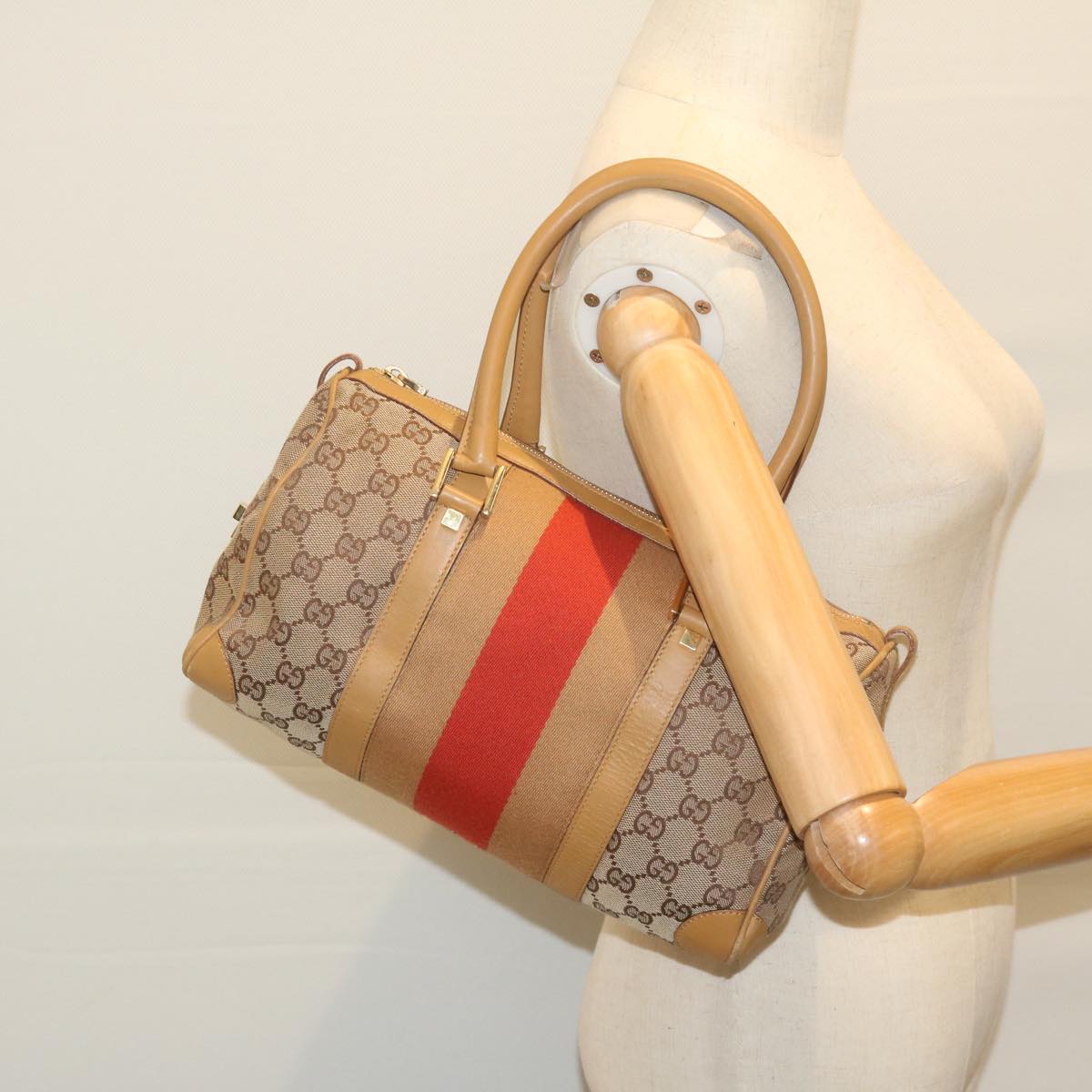 GUCCI GG Canvas Sherry Line Hand Bag Beige Red Brown 000 0851 61421