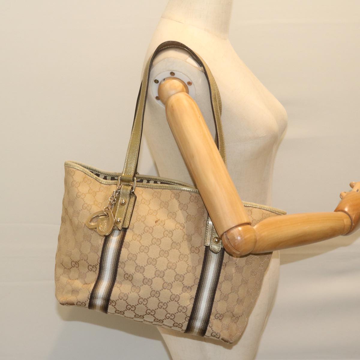 GUCCI GG Canvas Sherry Line Tote Bag Beige Black 137896 61423
