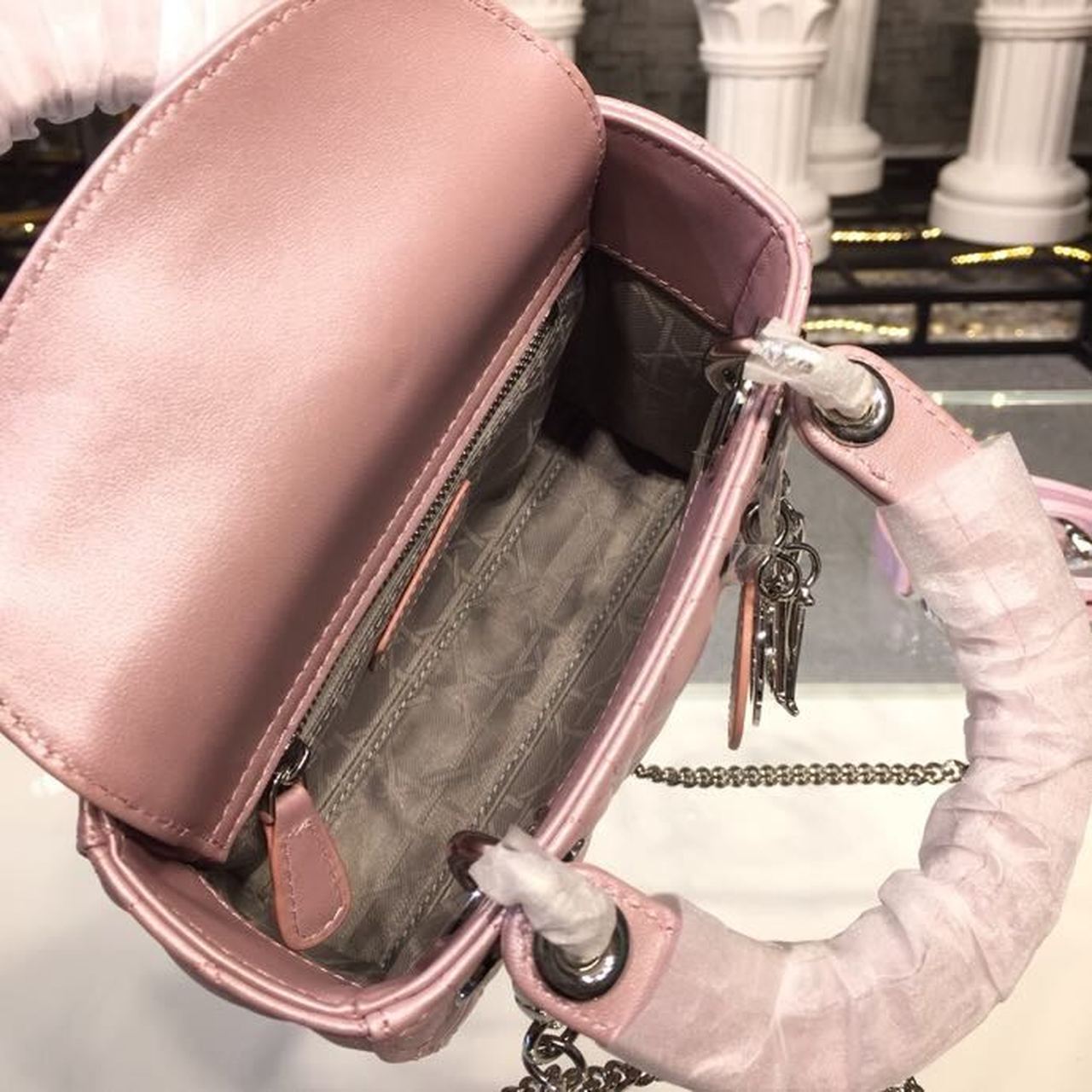 GLAMI Mini Lady Cannage Quilted Bag with Chain Silver Hardware Pink For Women 6.5in/17cm CD