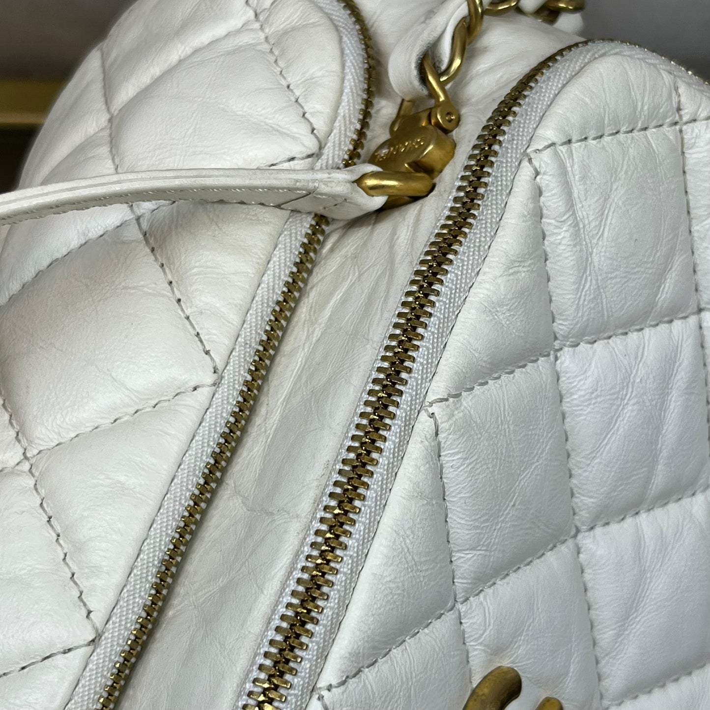 CHANEL Bowling Bag Quilted Aged Calfskin Satchel Bag