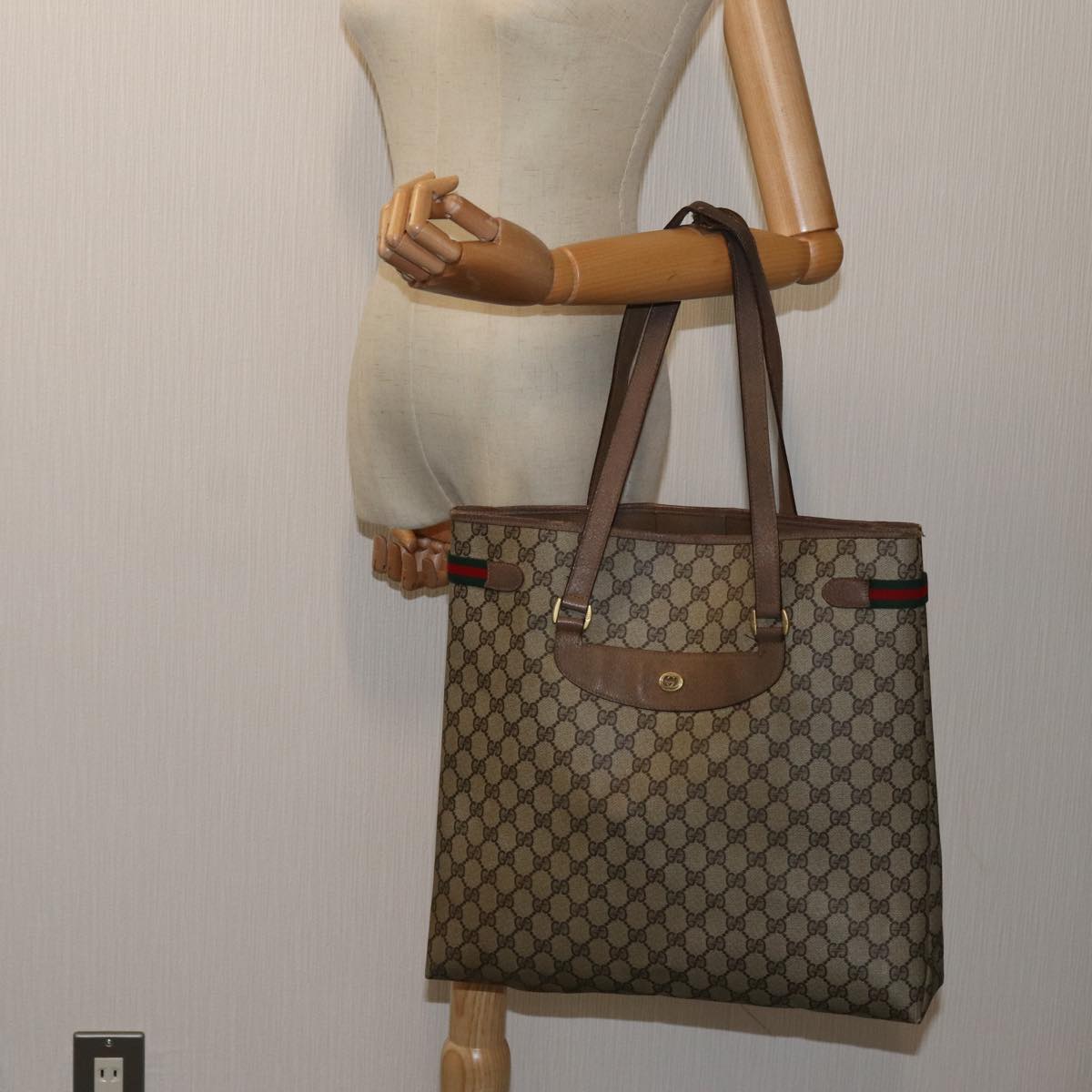 GUCCI GG Canvas Web Sherry Line Tote Bag PVC Beige Green Red 71030