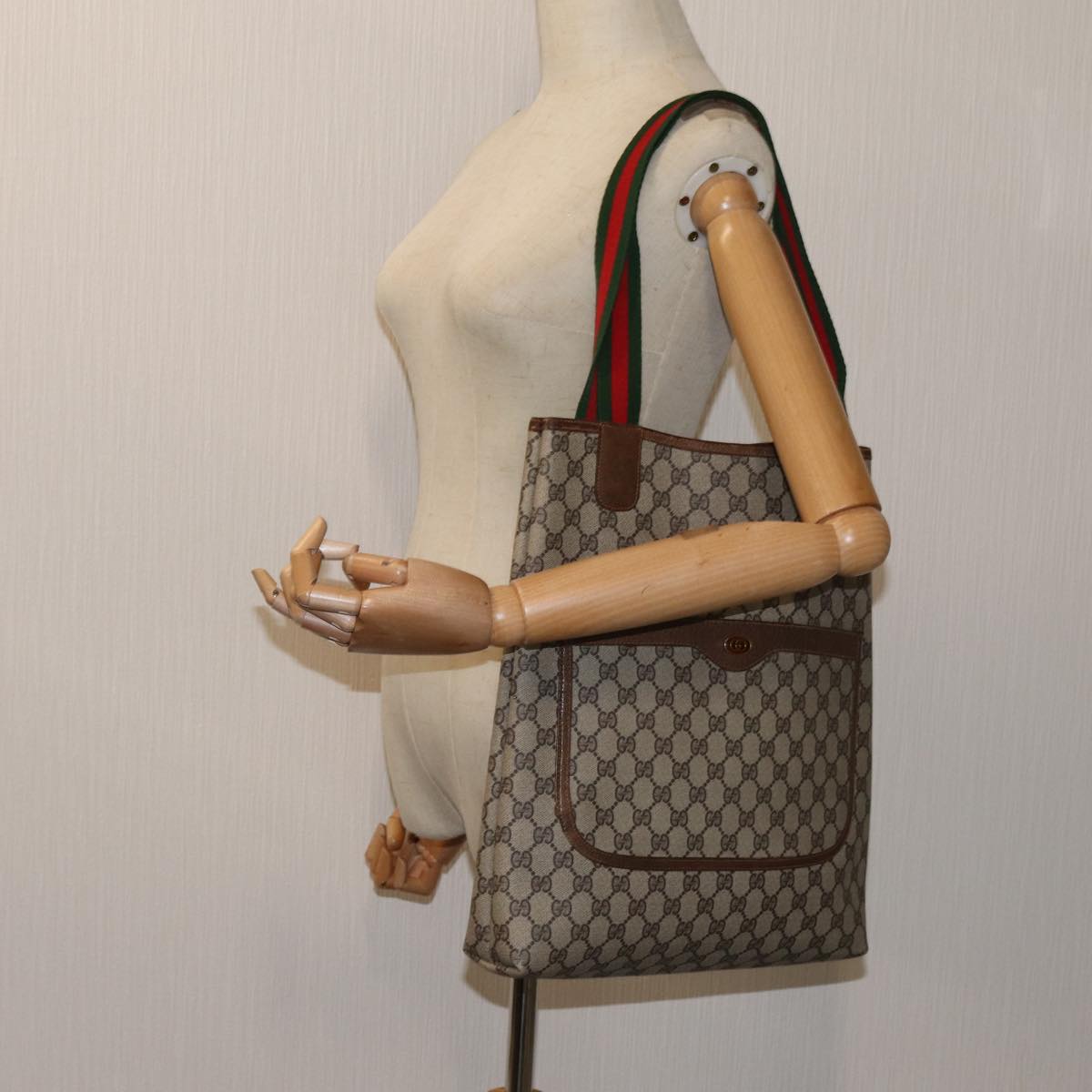 GUCCI GG Supreme Web Sherry Line Tote Bag PVC Beige Red Green 71791